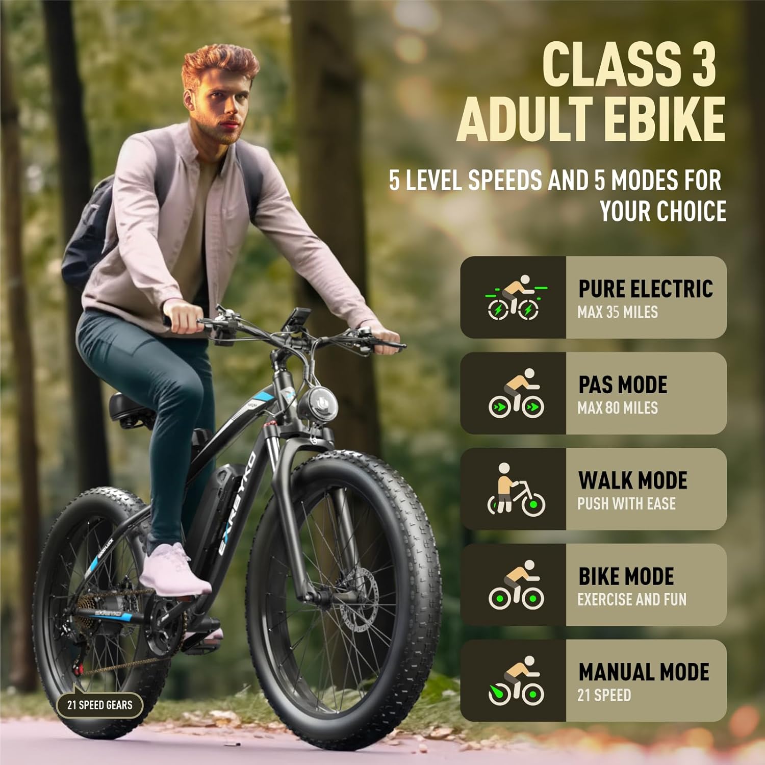 EXRBYKO E Bikes for Adults Electric, Peak 1500W/2000W 37MPH Fat Tire Electric Bike for Adults, 48V 17.5AH 840WH Battery, 80 Miles Ebike with 21-Speed Gear ON/Off Road Electric Bicycle UL Certified