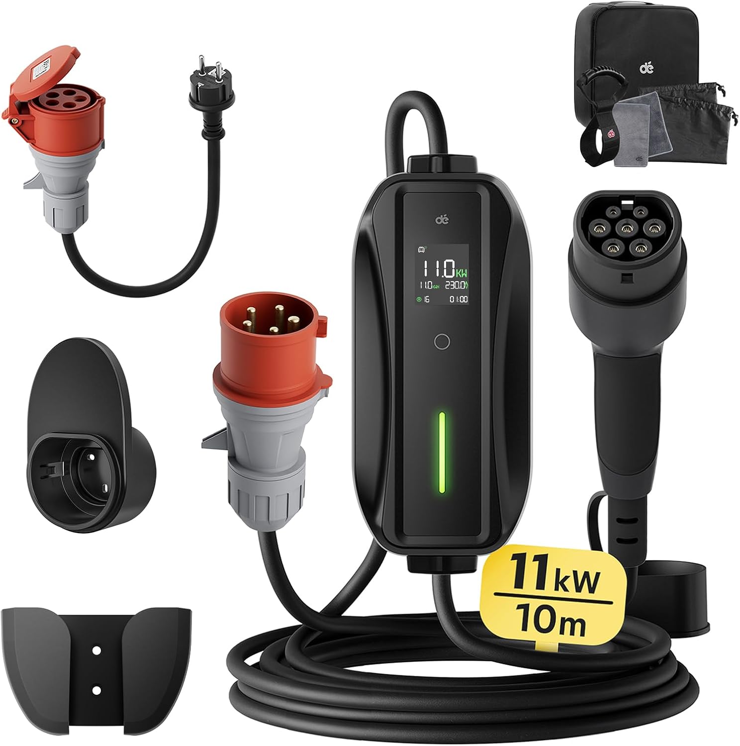 dé Mobile Wallbox/Ladestation 11kW 3-phasig|10m|6-16A] mit Einstellbarer Ladeleistung, Ladekabel CEE 16A auf Typ 2 und EV Ladegerät für Model Y/3, ID.3/4/5, MG4, EX30, e-up, e-tron, Zoe und andere EV