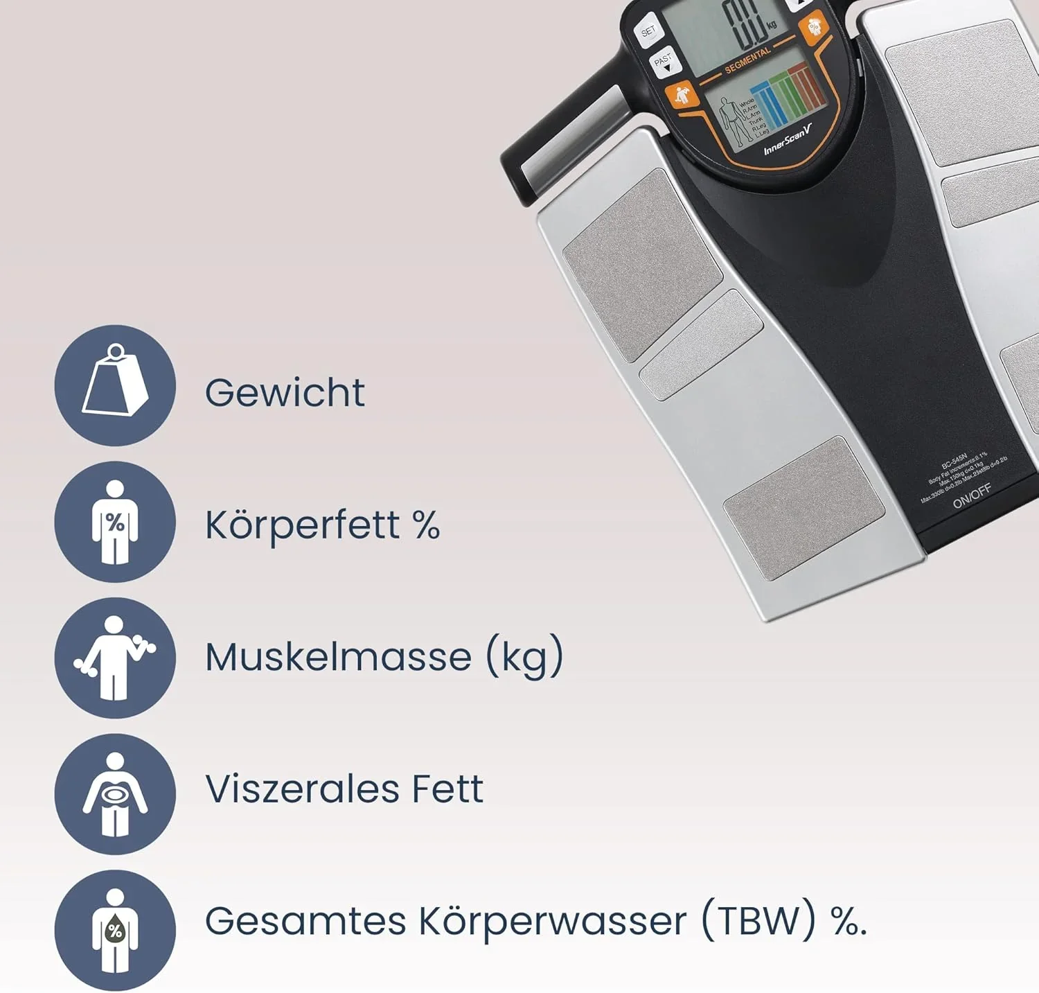 TANITA BC-545N Segment-K?rperzusammensetzungswaage On Screen Messwerte pro K?rperteil 10 Messungen Silber | 1er pack