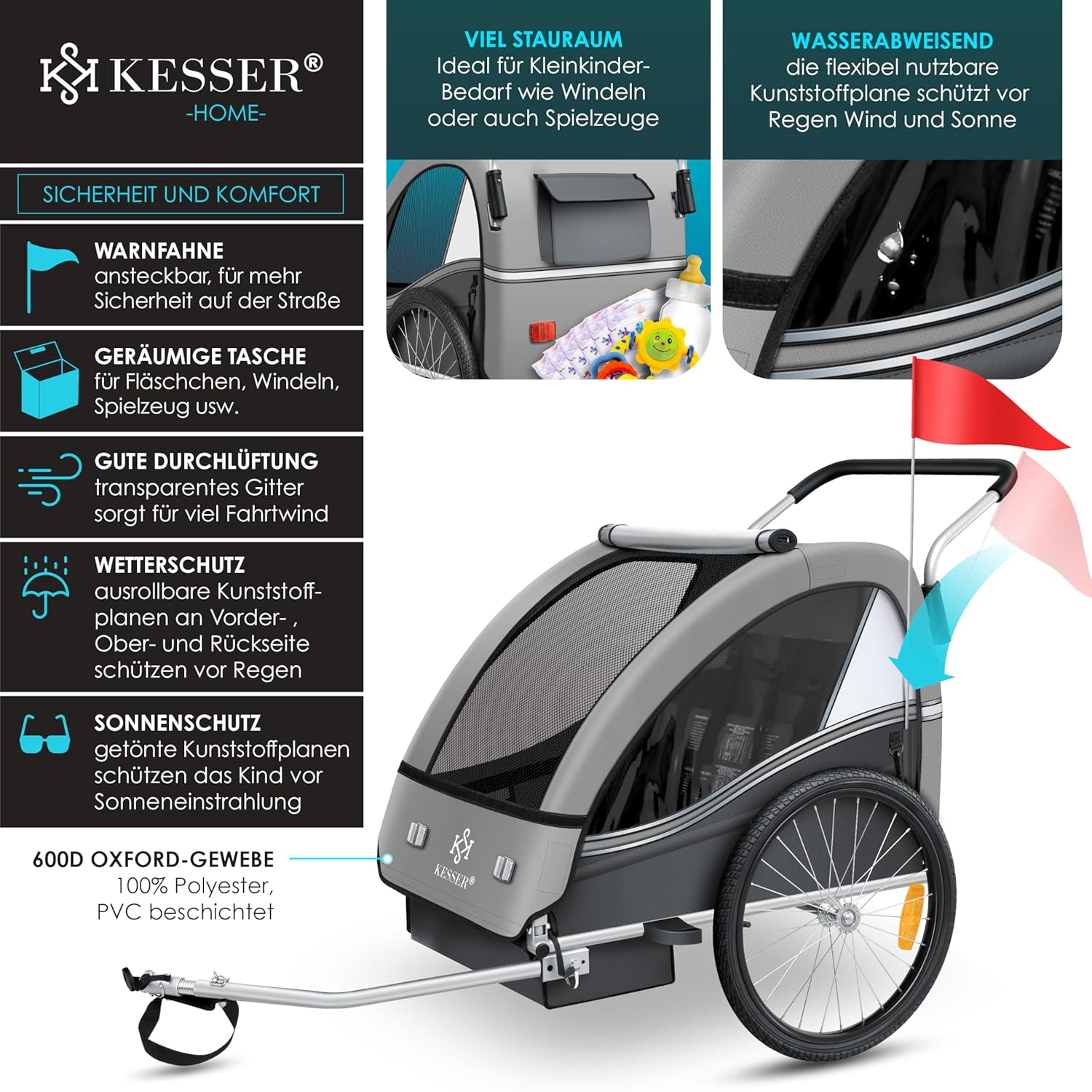 KESSER Kinderfahrradanhänger Sport-RX 2in1 Jogger & Buggy 5-Punkt-Gurt Sicherheitsgurt 360° Vorderrad Kinderfahrradanhänger Reflektoren für 1-2 Kinder (max. 40 kg) Getränkehalter & Smartphonefach