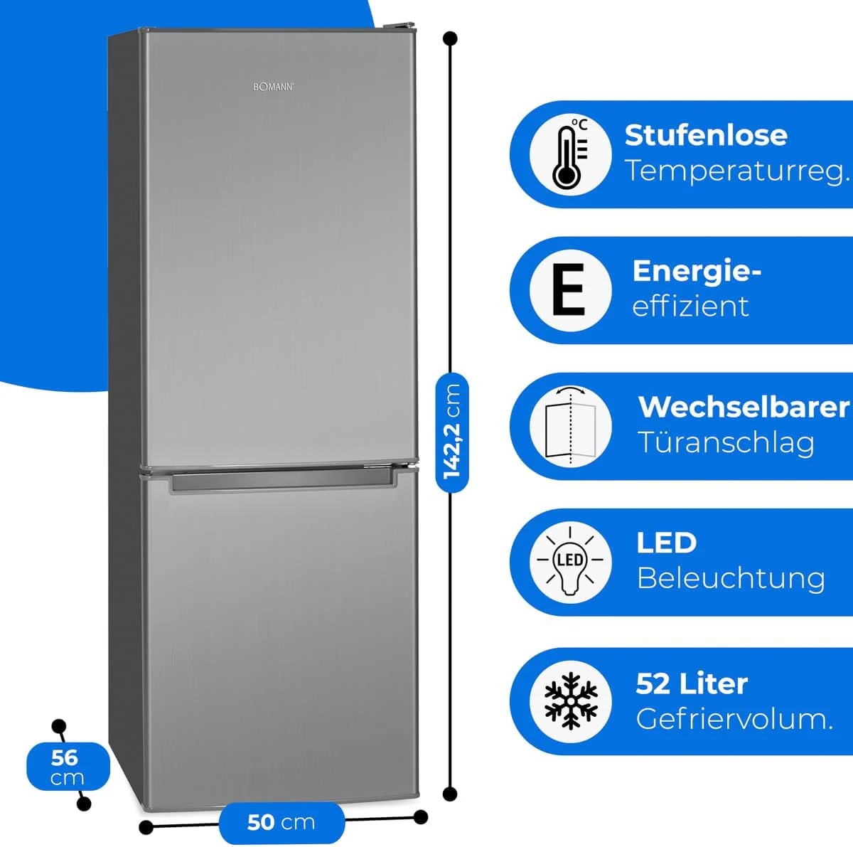Bomann? Koelkast met vriesvak 143 cm hoog | Koelvriescombinatie 173L met 3 plateaus & 3 laden | Deurrichting omkeerbaar | stille koelvriescombinatie 40dB | Koelkast | KG 7331 inox