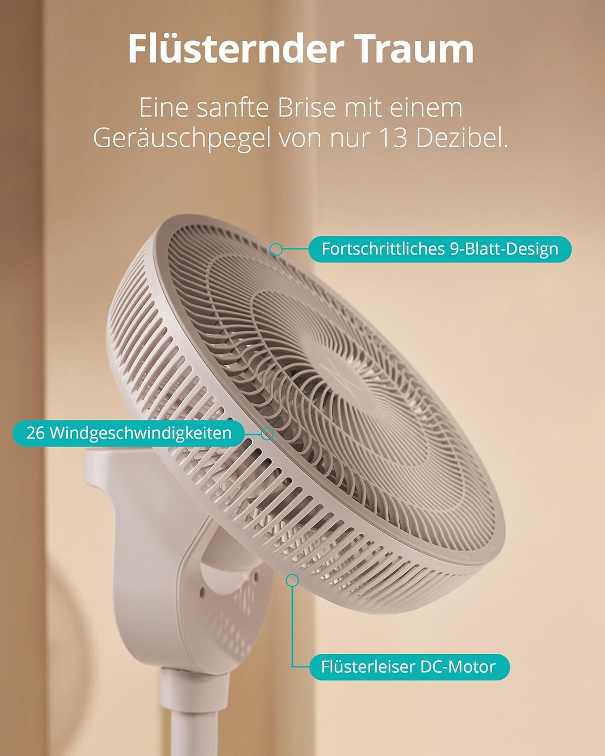 Duux Whisper 2 Standventilator Leise - Sparsamer DC-Motor mit 26 Geschwindigkeiten - Ventilator Höhenverstellbar (73-95cm) - Horizontale + Vertikale Oszillation - Weiß