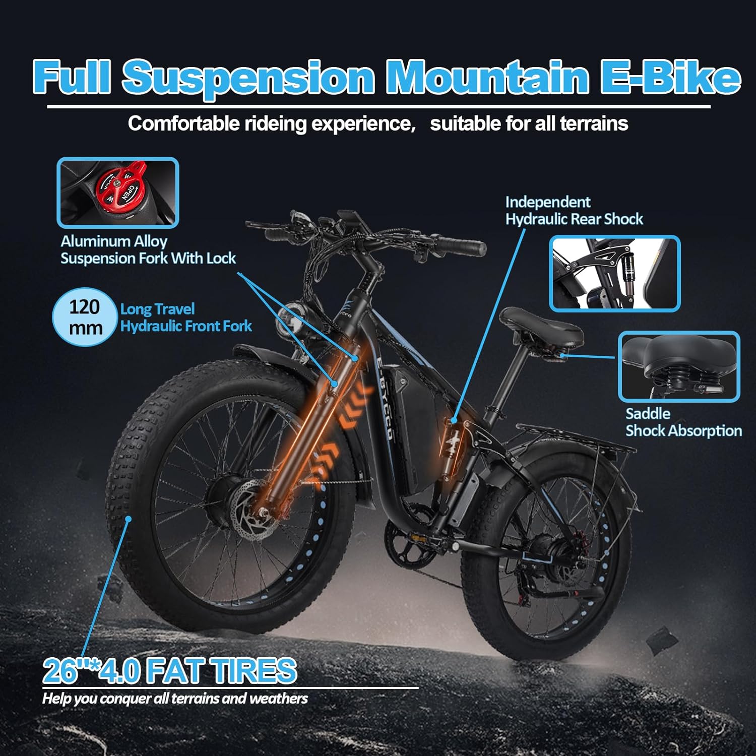 E·Bycco Dual Motors 2000W Peak 3000W Electric Bike for Adults, 37MPH 52V 23Ah Battery Bicycle, Full Suspension 26*4.0 Fat Tire Hydraulic Disc Brake E-Bike, Off-Road Mountain Hunting E-Bikes for Men