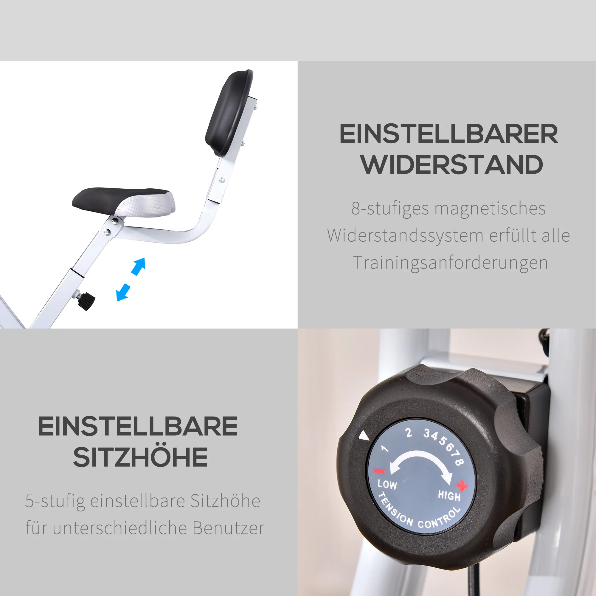 HOMCOM Hometrainer, fietstrainer, trainingsfiets met in 8 niveaus instelbare magnetische weerstand, staal, wit, 43 x 97 x 109 cm