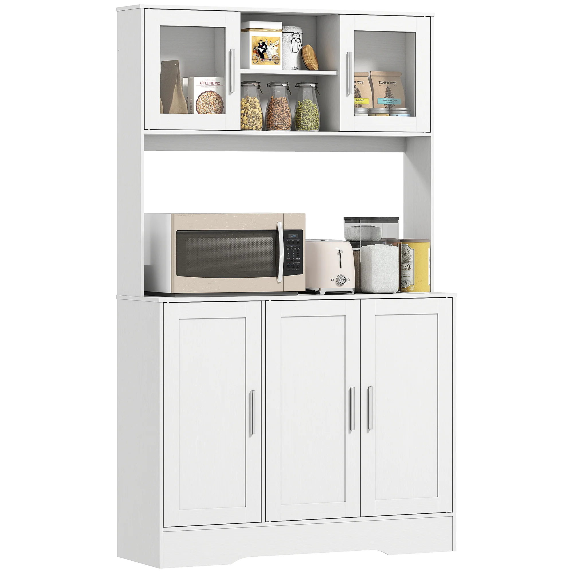 HOMCOM Keukenkast, Scandinavisch Design, 4 Kasten, Verstelbare Planken, Glazen Deuren, Open Vak, Spaanplaat, MDF, Wit