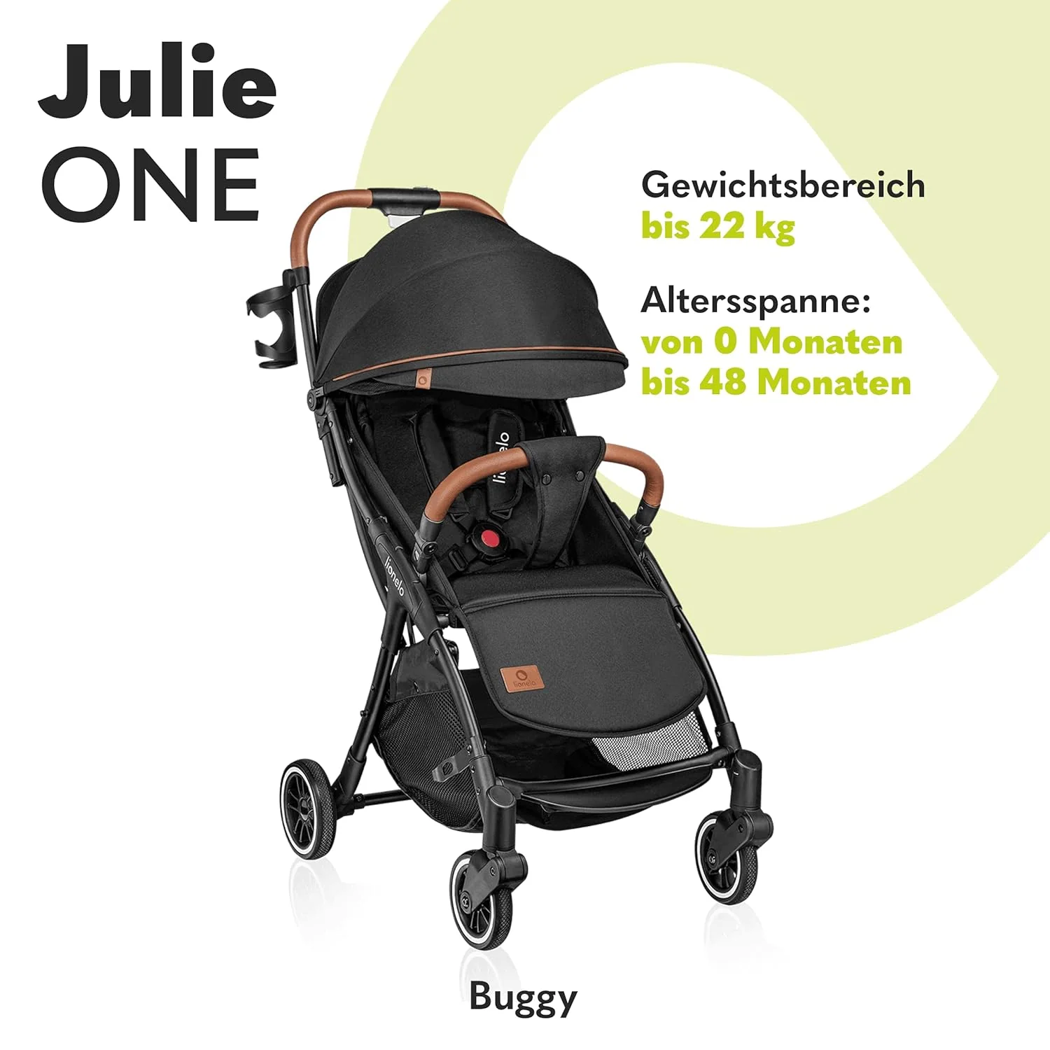 LIONELO Julie One Buggy kinderwagen tot 22 kg, verstelbare rugleuning en voetsteun, muskietennet, beenwarmers, bekerhouder en draagtas, inklapbaar