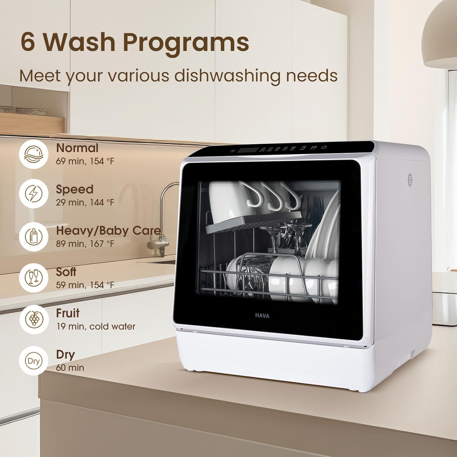 HAVA Countertop Dishwasher, 6 Programs Portable Dishwashers with 5L Built-in Water Tank