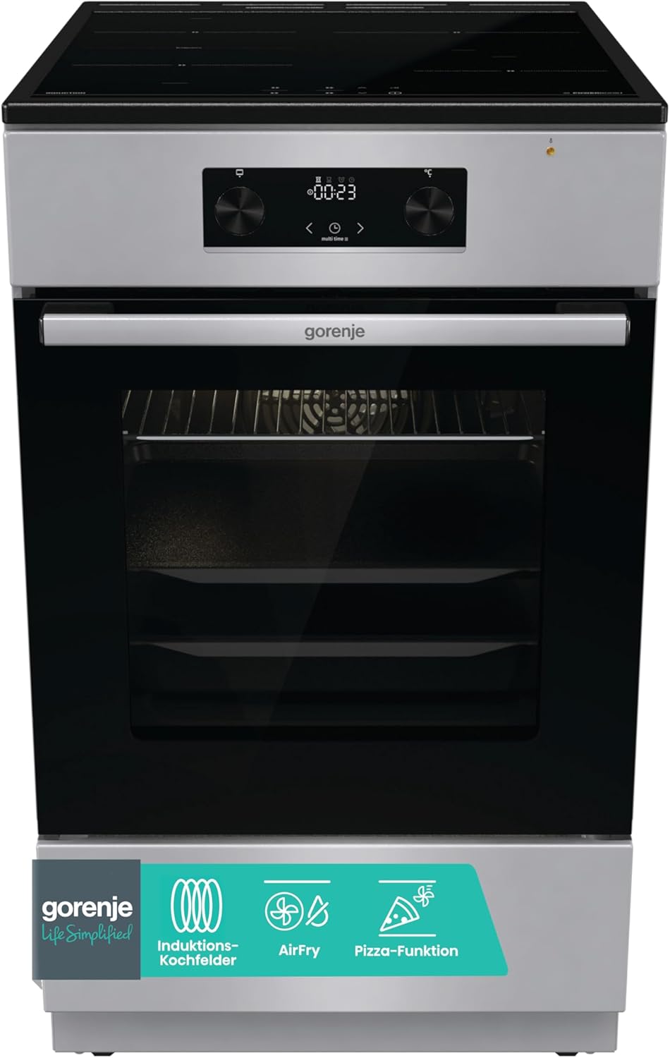 Gorenje GEIT5C61SPG Standherd mit Induktionskochfeld, 50 cm, 70 Liter,Silber, PerfectGrill, AirFry, FrozenBake, Pizza Mode 300°C, AquaClean, Made in Europe, inox