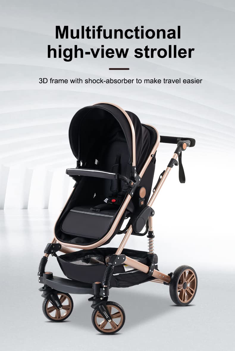YAZOCO kinderwagen 3 in 1 Buggy Babybett Komplett Set Einem Klick Zusammenklappbarer Kinderwagen, KombiKinderwagen Aluminiumrahmen für Neugeborene (Schwarz)