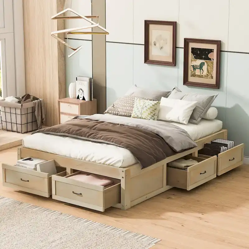 Antique White Full Platform Bed with 6 Storage Drawers