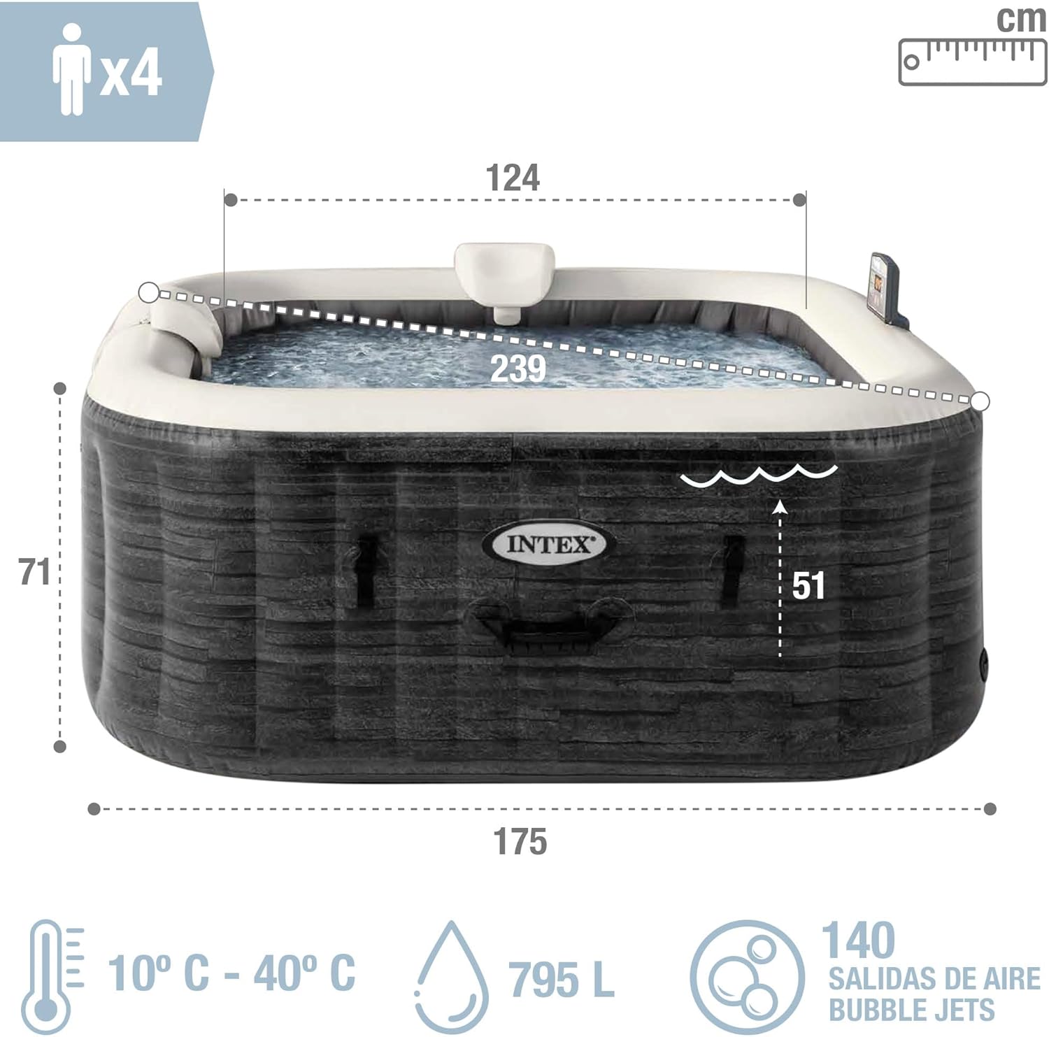 INTEX PureSpa Greywood Deluxe In- & Outdoor Whirlpool aufblasbar für 4 Personen 795 L (145 x 71cm) Inkl. Wasserenthärtungs- & Salzwassersystem - 140 Massagedüsen - Heizsystem - APP Steuerung & LED