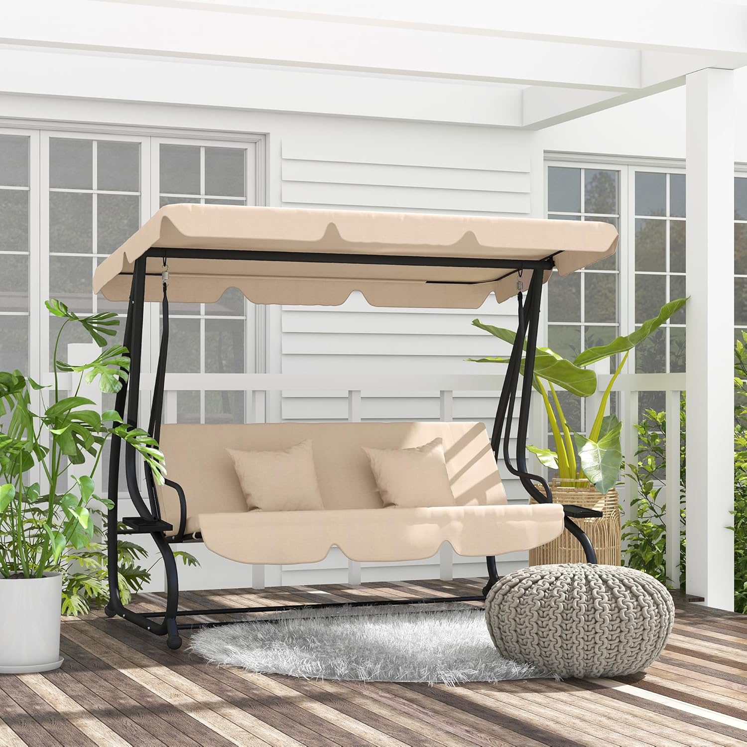 3 Seater Garden Swing Bed with Adjustable Roof and Tray 200 x 120 x 164 cm Light Brown