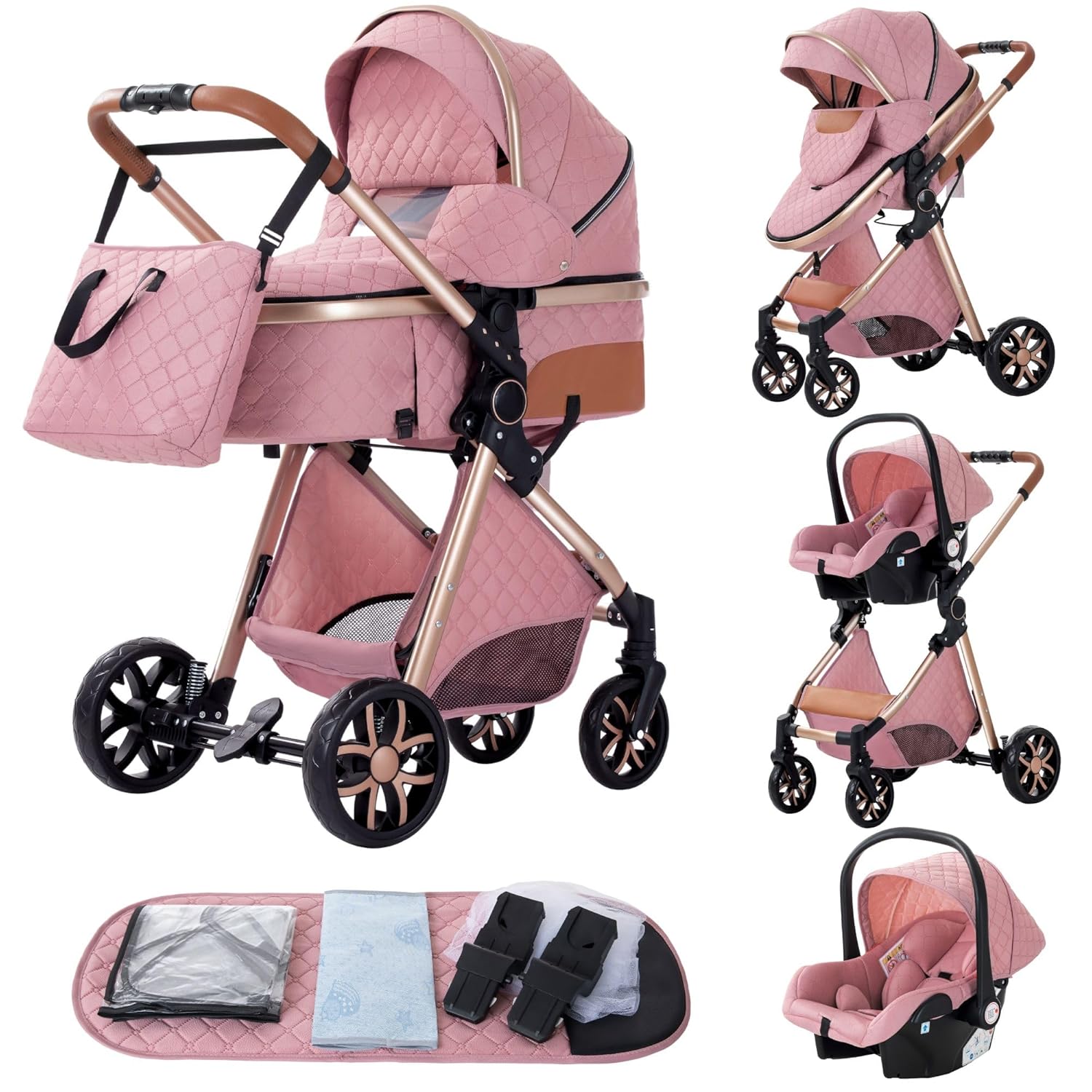 YAZOCO kinderwagen 3 in 1 Buggy Babybett Komplett Set Einem Klick Zusammenklappbarer Kinderwagen, KombiKinderwagen Aluminiumrahmen für Neugeborene (Schwarz)