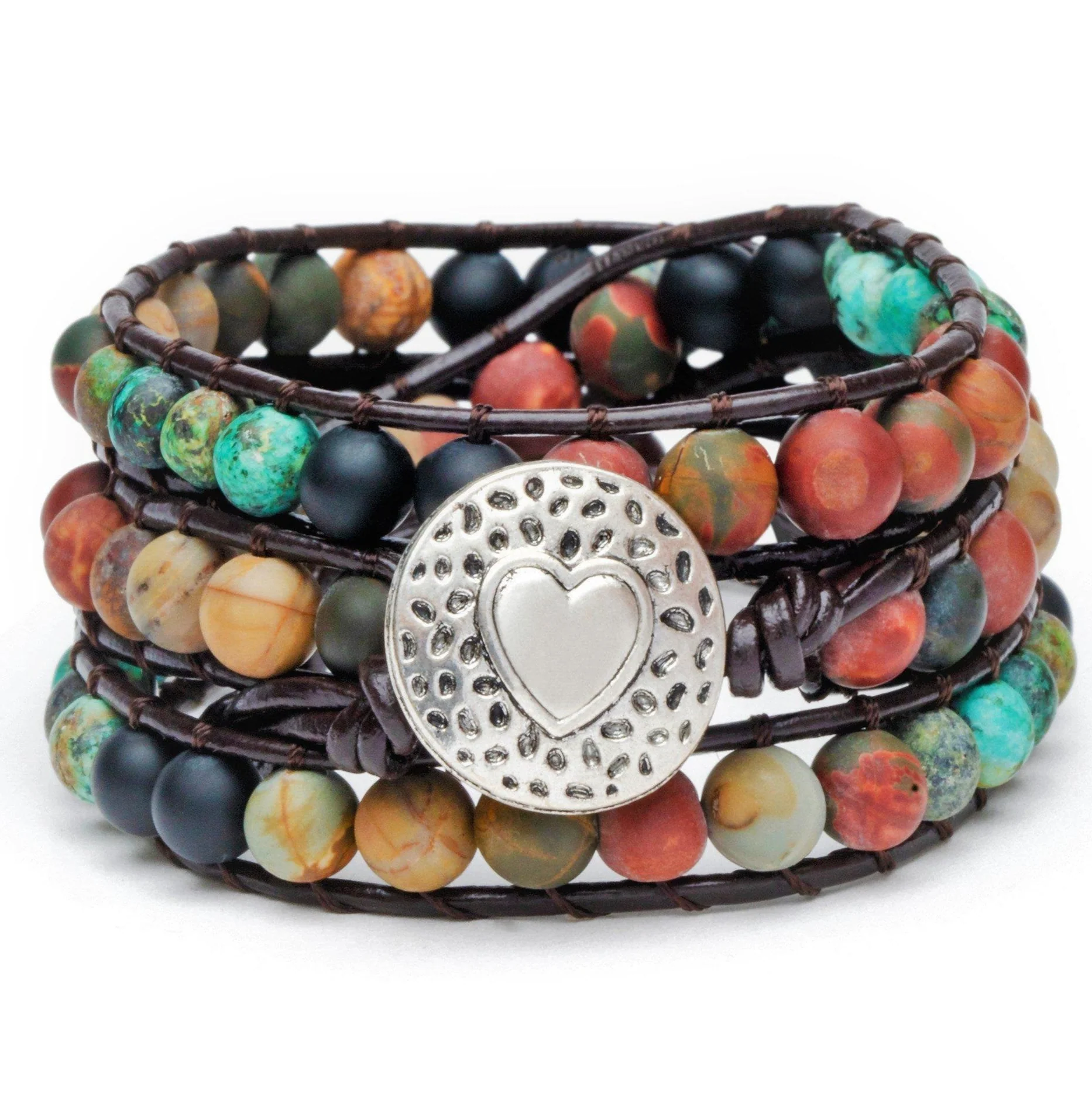 Wikkelarmband Balans - Afrikaans Turkoois & Jaspis - Leer - Liefde