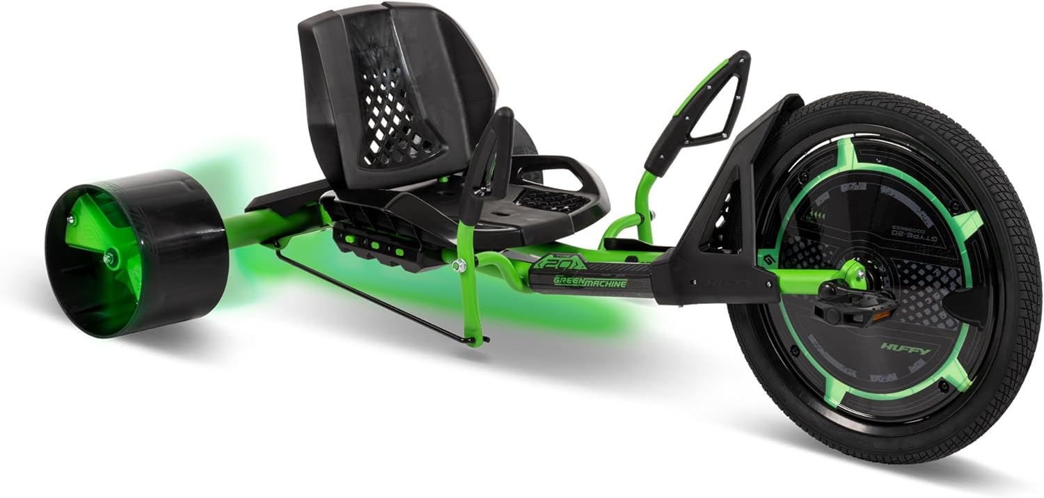 20-inch drift tricycle, with smooth lines and comfortable design, adjustable seat, sturdy steel frame, easy to operate, suitable for children over 8 years old, equipped with LED lighting and foot brakes, available in green and black colors.