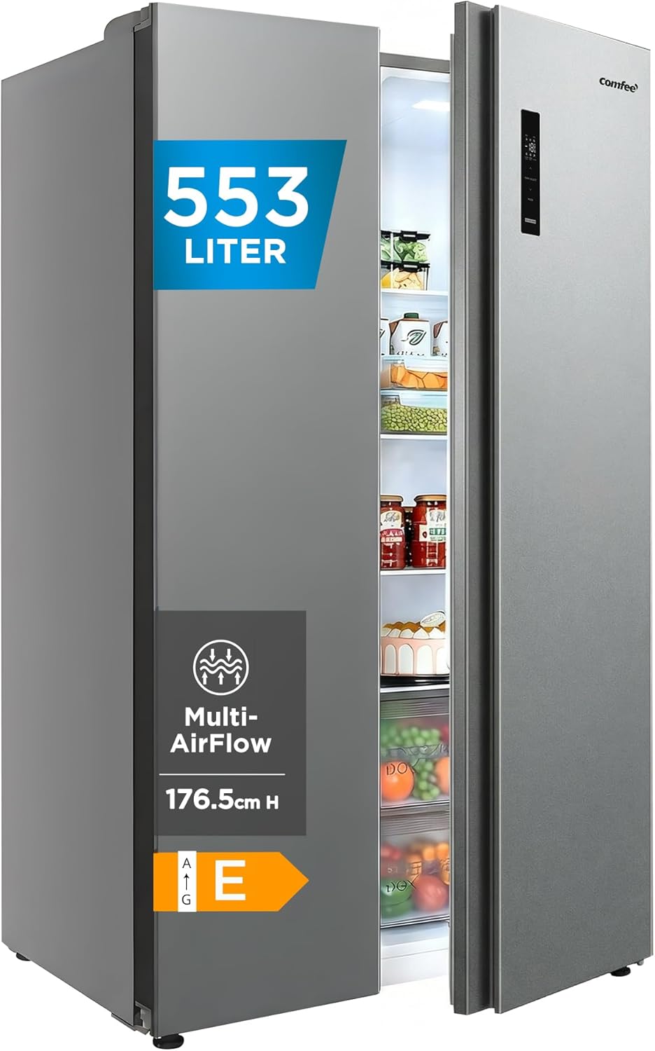 Comfee' Side-by-Side Kühl-Gefrierkombination 553 L | No Frost, 35 dB, Multi-Air-Flow | Platinum Fresh, Sensor & SuperCool | Titan-Grau, RCS536LS01EU(E)