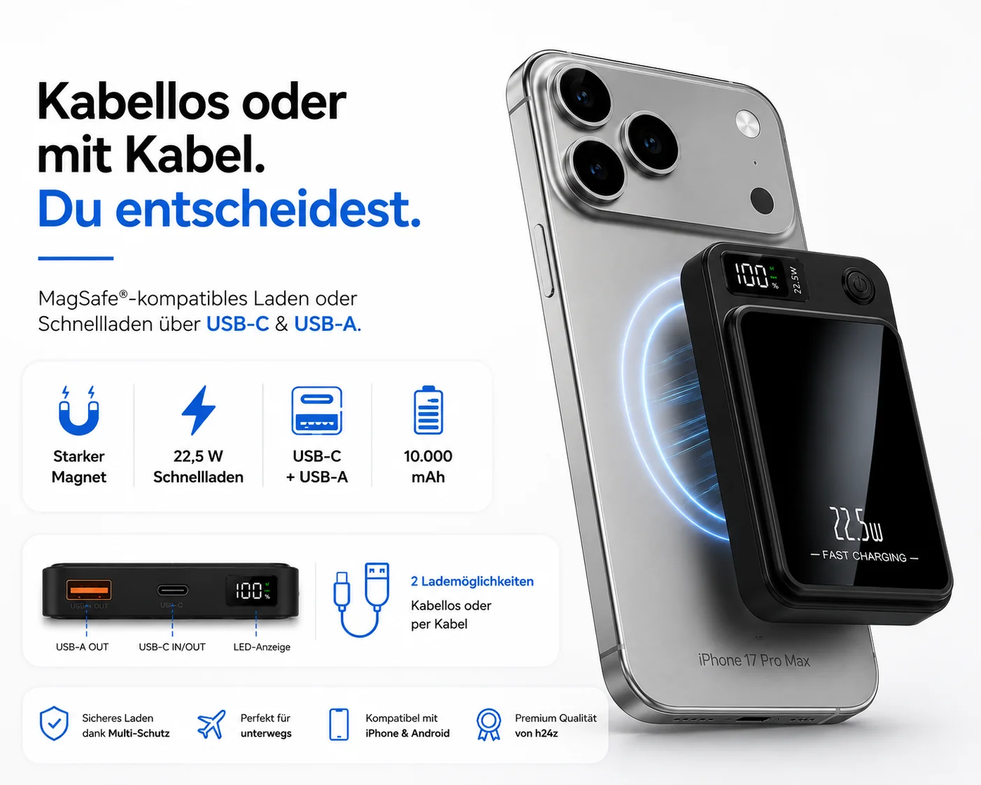 Magnetische Powerbank 10000mAh Mini  PD 22.5W Schnellladen mit LED Display Wireless Power Bank