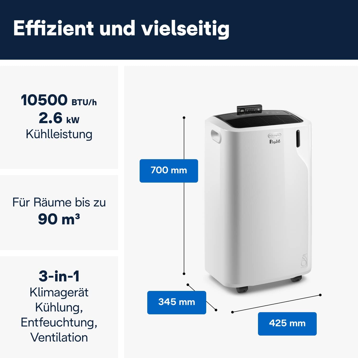 De'Longhi Pinguino PAC EM93 Silent, Mobile Klimaanlage für Räume bis zu 90 m³, 10.500 BTU/h, 2,6 kW, 63 dB, Entfeuchtungsfunktion, Energieklasse A, 24h-Timer, Weiß