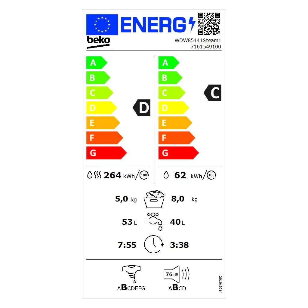 2025 Lavadora-secadora Beko WDW85141 Steam1, 1400 rpm, puerta XL, vapor, blanca