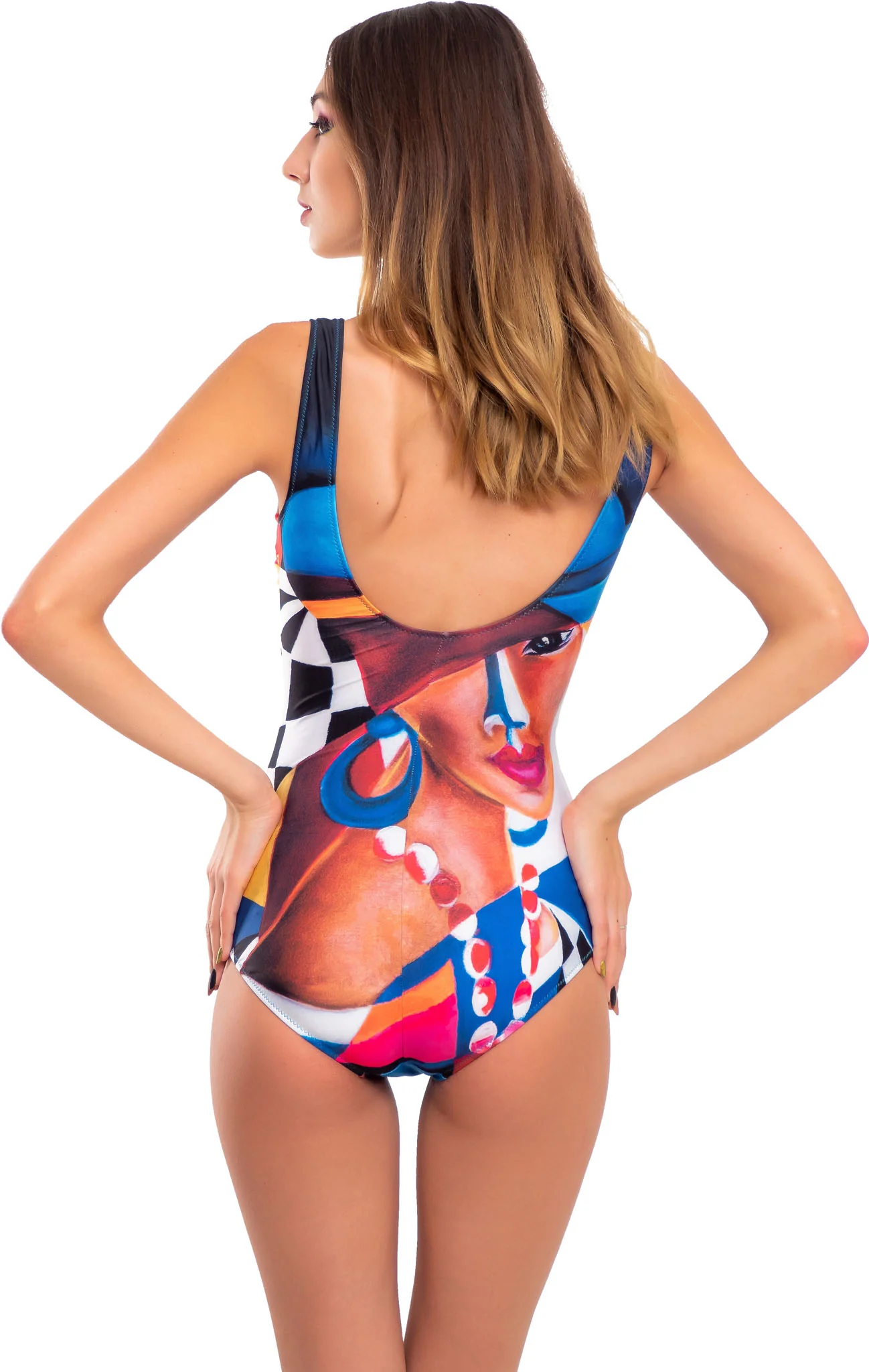 Shaping, One piece classic with cups 'Chess cubism' swimwear