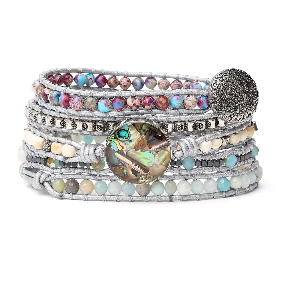 Wikkelarmband Abalone Fragmenten - Amazoniet & Howliet