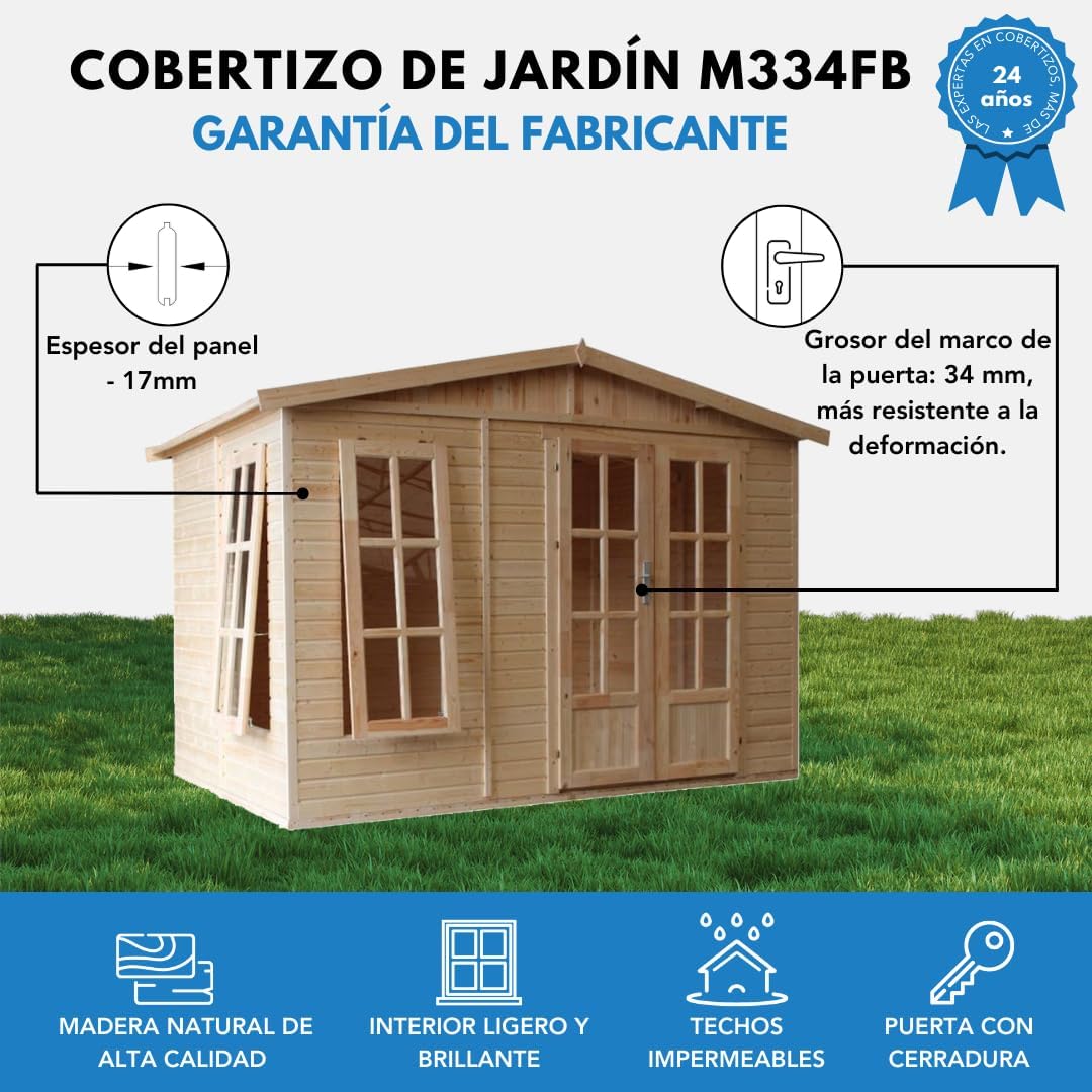 Caseta de jardín de Madera de 6 m2 - Cobertizo Jardin Exterior con Suelo, Ventana, Puerta Doble - Cabaña de jardín para Trabajar en casa - sin Tejas bituminosas - TIMBELA M334FB