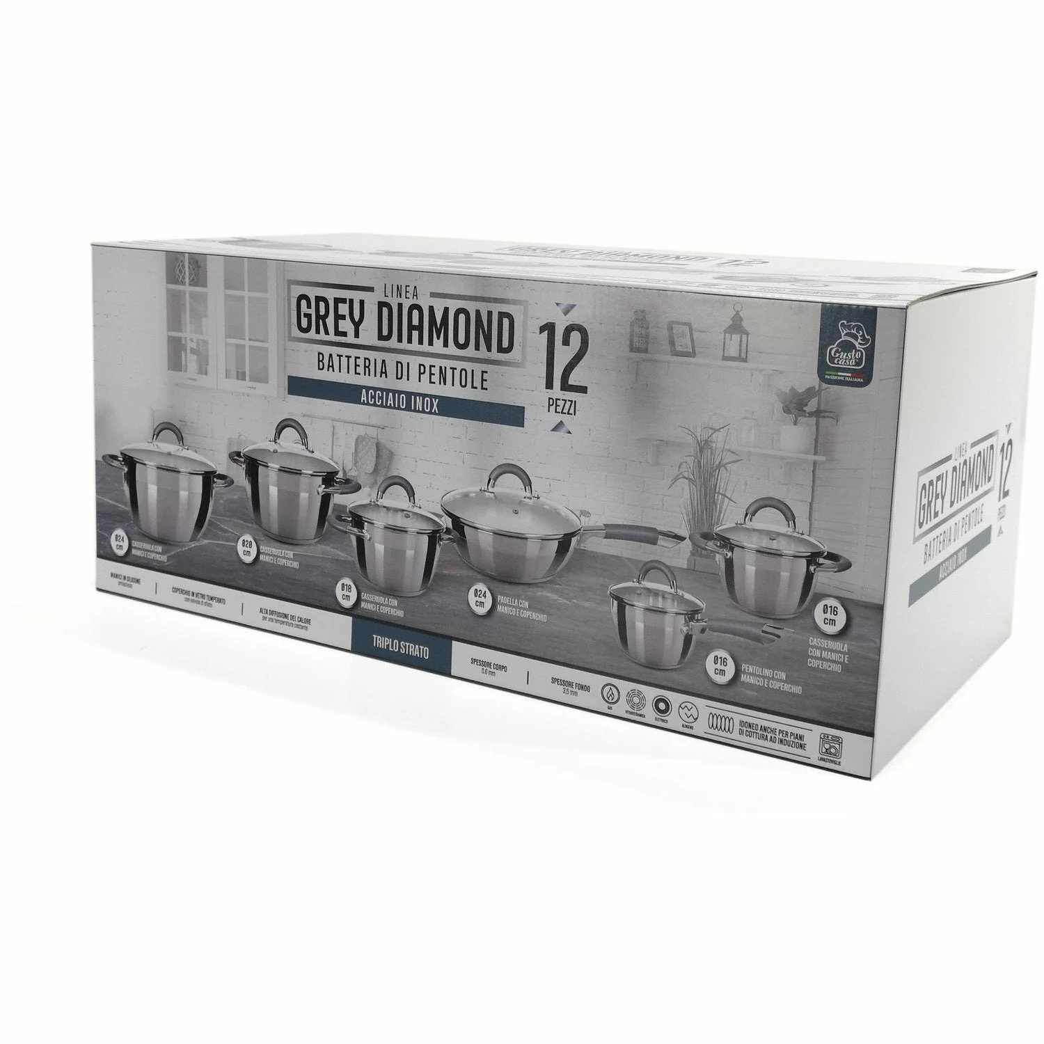 Batteria di pentole a induzione 12 pezzi Linea Grey Diamond