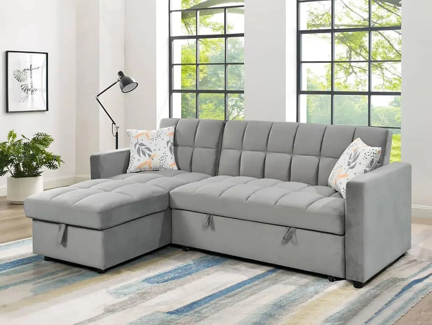 2026 Sofá Cama Chaise Longue 210x145 cm - Chaise Longue Reversible Ambos Lados con Arcón, Sofa Rinconera con Sistema de Arrastre, Armazón de Pino Macizo - Gris Terciopelo