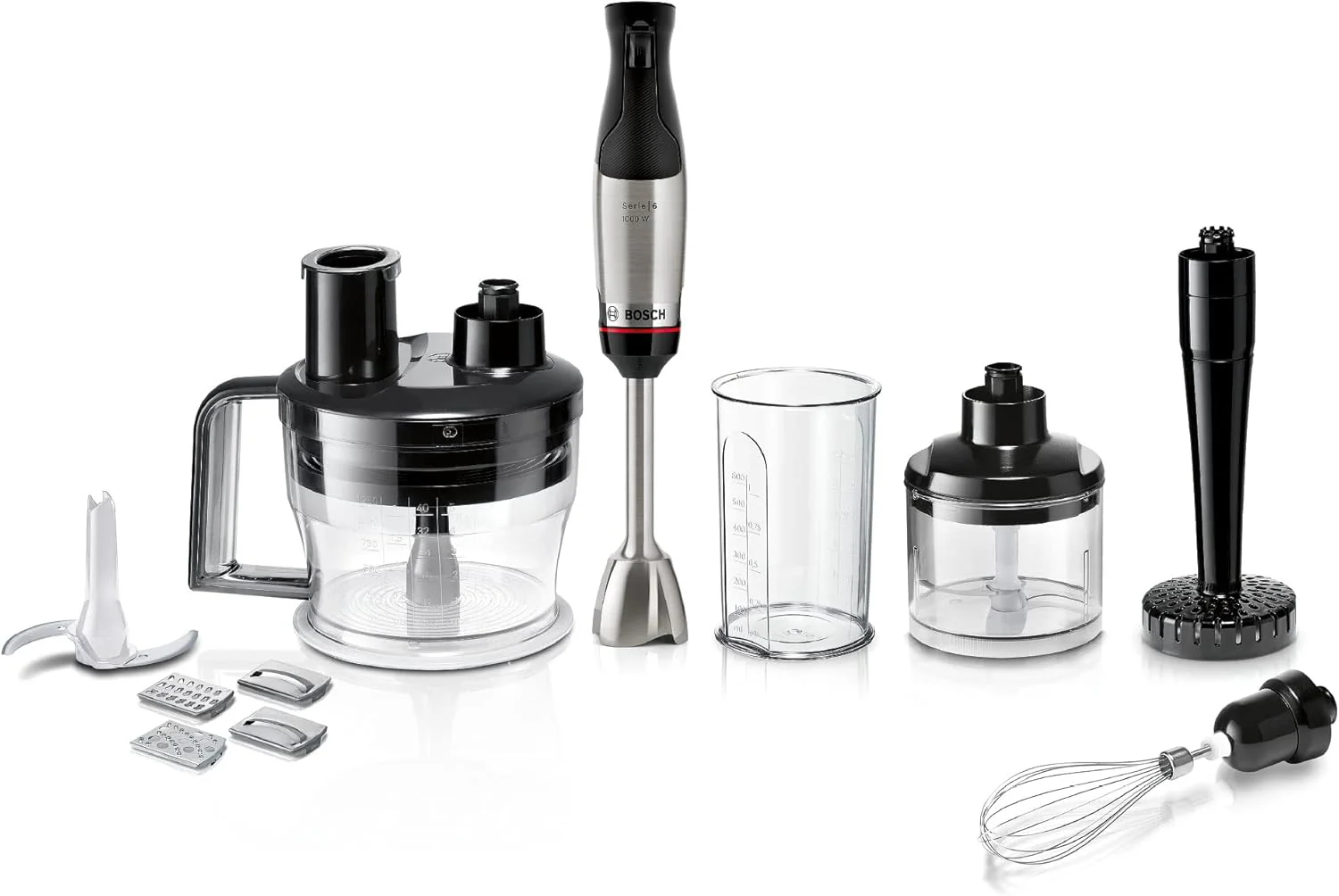 Bosch staafmixer ErgoMaster Serie 6 MSM6M673, 10 jaar motorgarantie, roestvrijstalen messen, slijtagevrije keramische koppeling, luchtkoeling, hakmolen, pureerstamper, garde, 1000 W