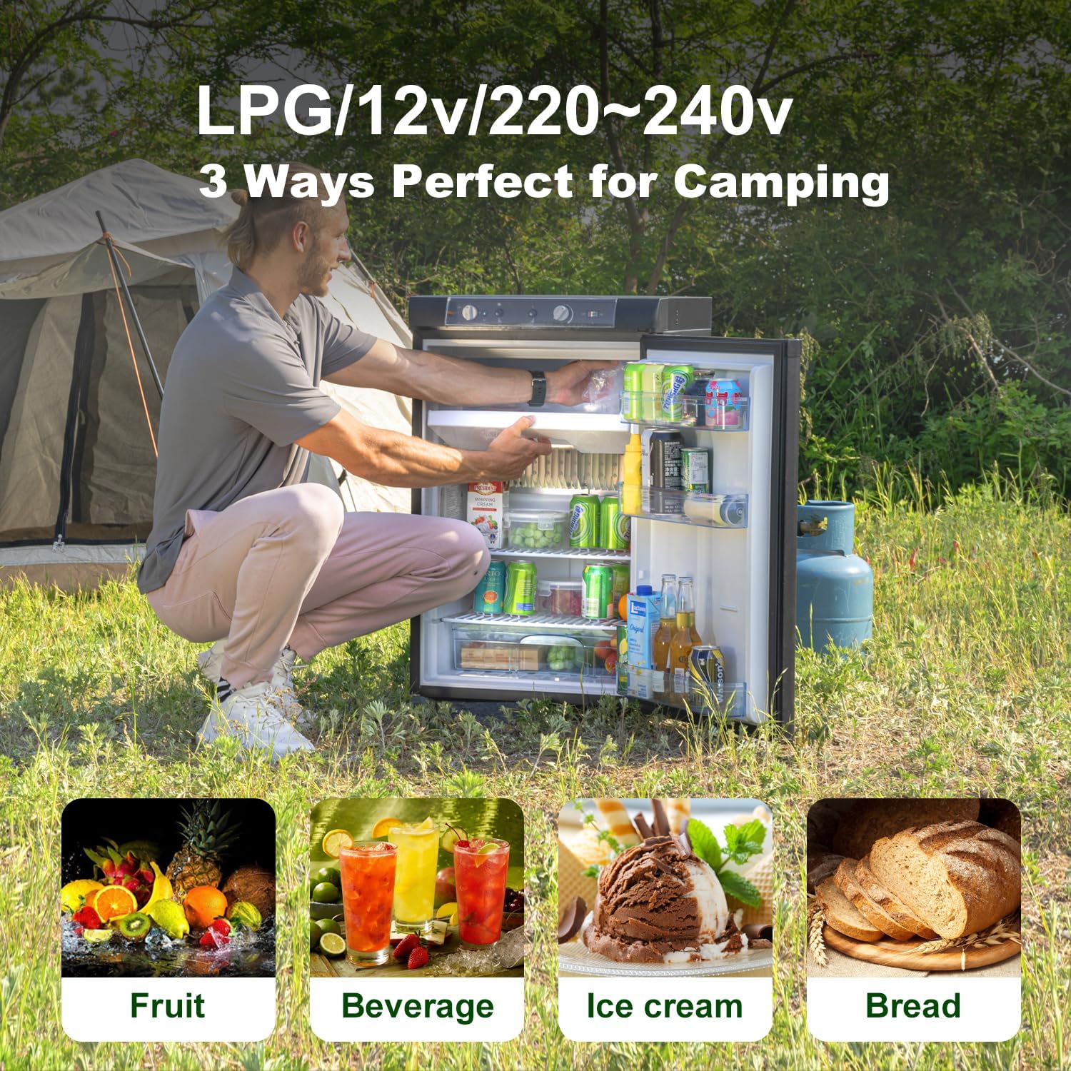 SMETA Nevera Camping Gas 100L, Nevera Trivalente 12V/220V Gas, Frigorífico 12V, Silencioso Refrigerador Combinado para Camping, Caravana, Garage, Mobile Home, Dormitorio, Negro