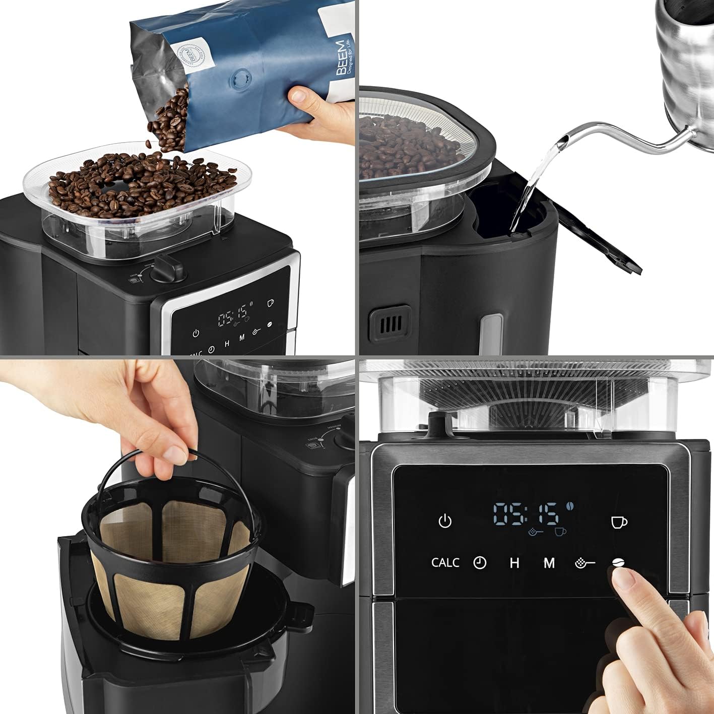 BEEM FRESH-AROMA-PERFECT III Filterkaffeemaschine mit Mahlwerk - Duo | Mit Thermos- & Glaskanne | Aroma-Plus-Funktion | 24-H-Timer | 1000 W | für bis zu je 10 Tassen [Edelstahl]