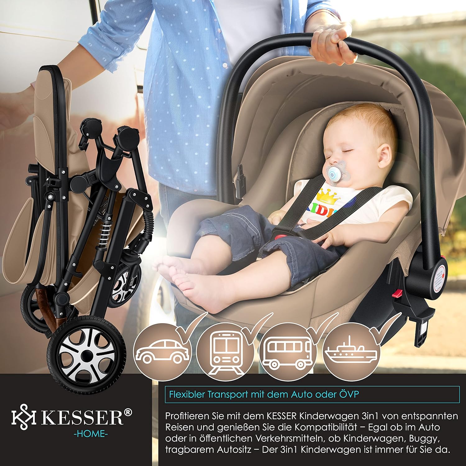 KESSER® Loops 3 in 1 Kinderwagen Kombikinderwagen Komplett-Set inkl. Babywanne & Buggy Sportsitz & Auto-Babyschale Voll-Gummireifen Wickeltasche Regenschutz Kindertisch ECE R129, Grau/Silber