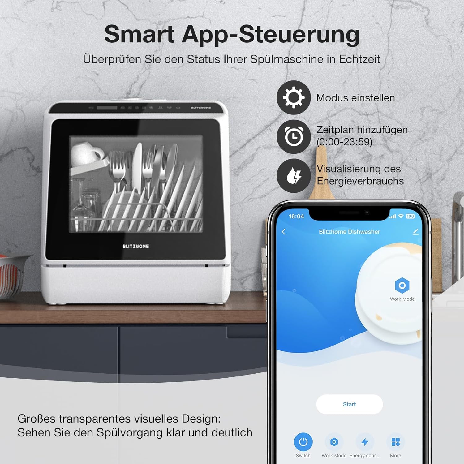 Mini Spülmaschine, BLITZHOME Mini Geschirrspüler App Steuerung, 6 Programme Tragbarer Smart Tischgeschirrspüler mit 5L Wassertank, mit/ohne Wasseranschluss Benutzbar, Trockenfunktion, für Camping