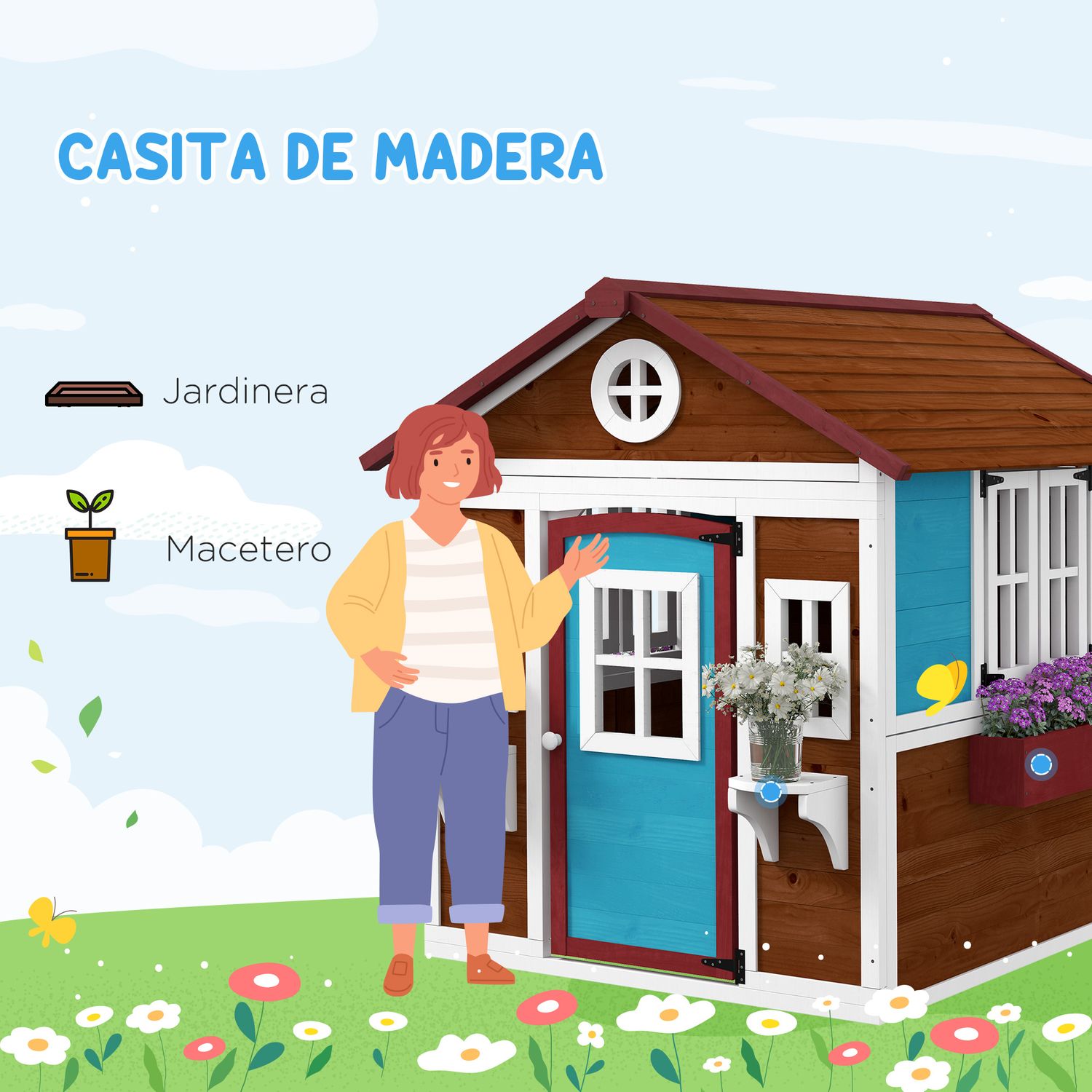 Casa De Jardín Infantil De Abeto 114x126,4x135 Cm- Outsunny. Marrón