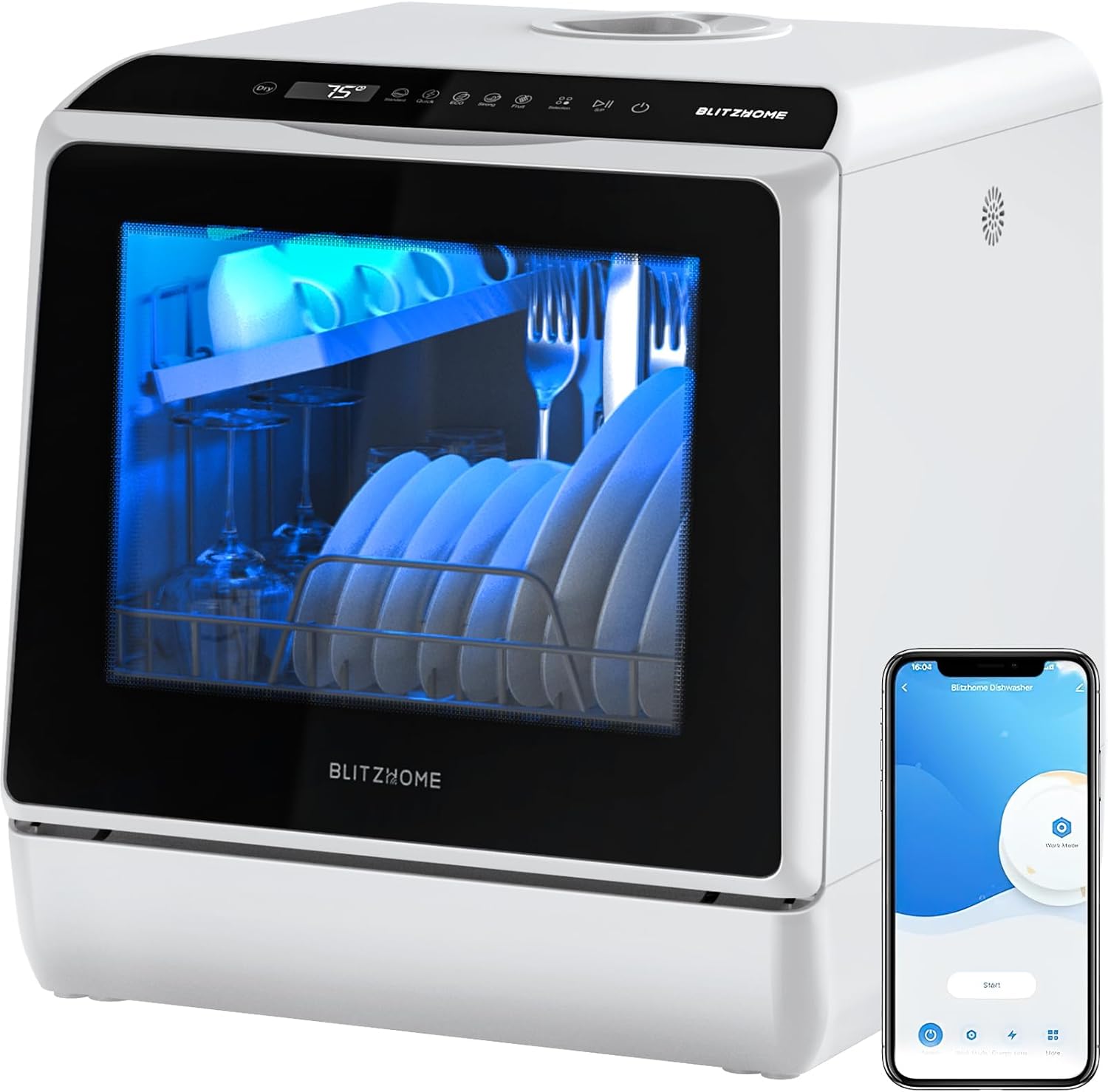 Mini Spülmaschine, BLITZHOME Mini Geschirrspüler App Steuerung, 6 Programme Tragbarer Smart Tischgeschirrspüler mit 5L Wassertank, mit/ohne Wasseranschluss Benutzbar, Trockenfunktion, für Camping
