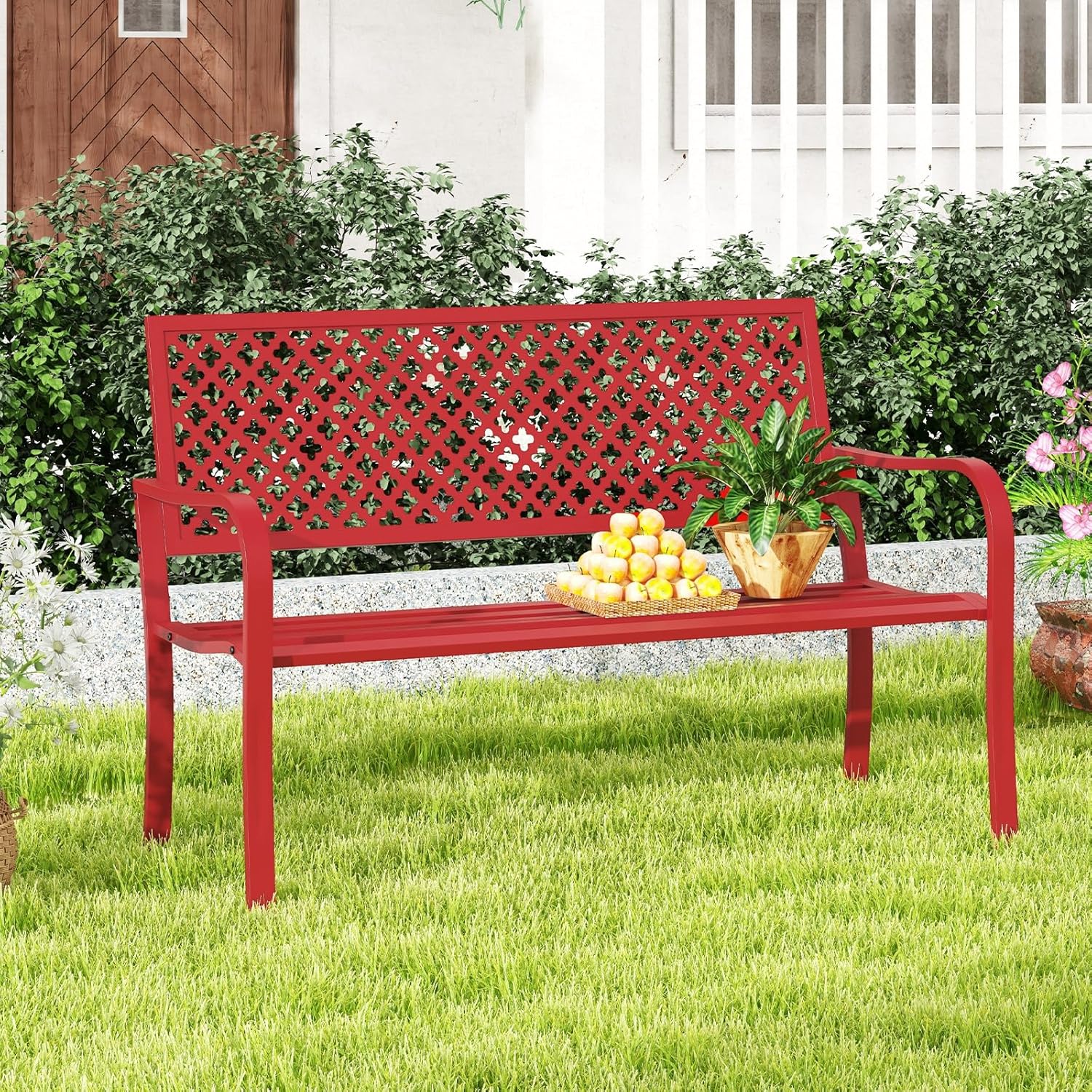 COSTWAY Gartenbank Metall, wetterfeste Sitzbank für 2-3 Sitzer, Parkbank mit Rückenlehne & Armlehne, Metallbank bis 300 kg belastbar, Eisenbank für Garten, Terrasse, Balkon, 127 x 62 x 86 cm (Rot)