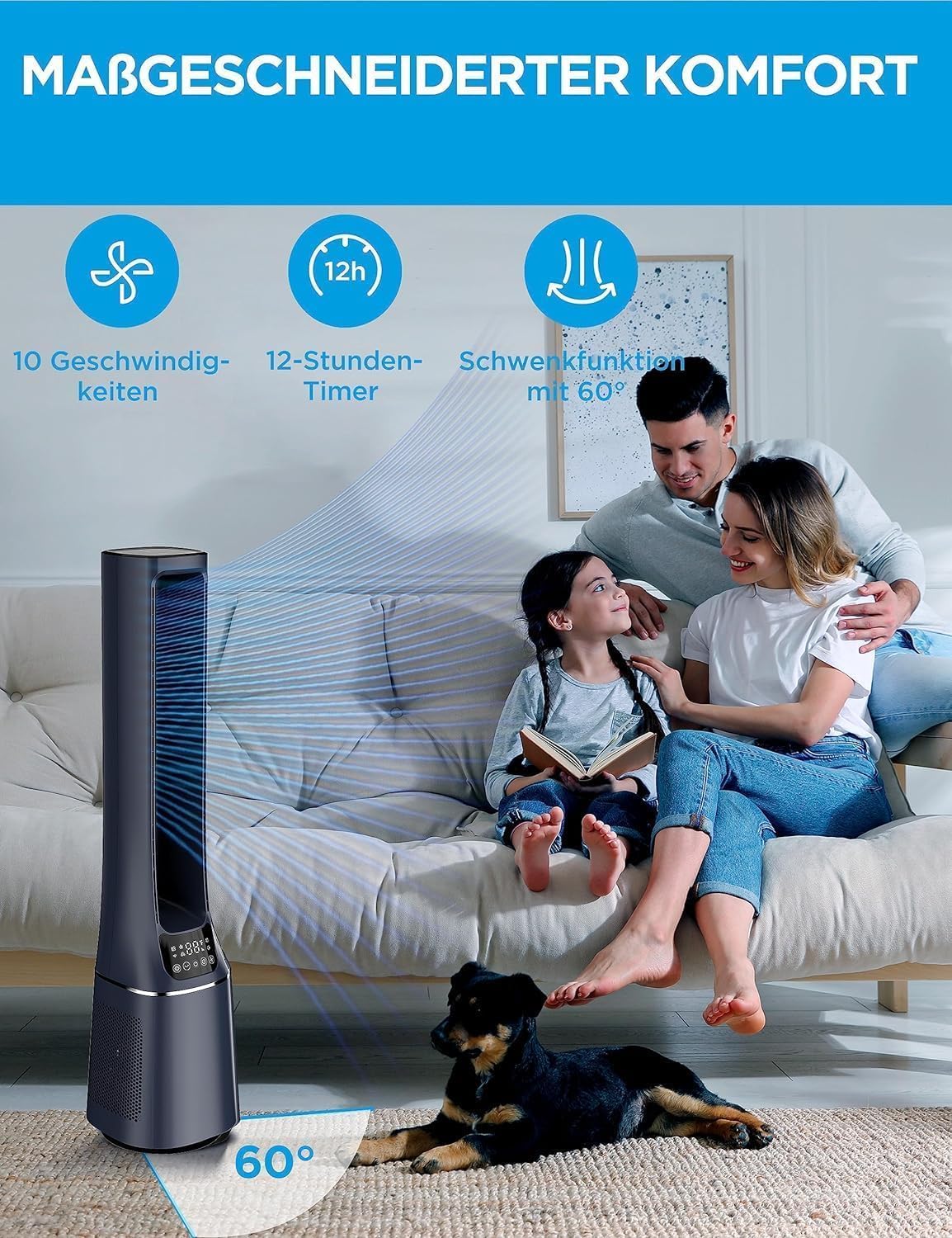 Midea MFP-120i (BL) 2-in-1 Torenventilator Stil 38dB Luchtreiniger H13 True HEPA voor 47,6 �O LED-Display Afstandsbediening Oscillatie 12H Timer Compatibel met Draadloze Verbinding App Alexa Google