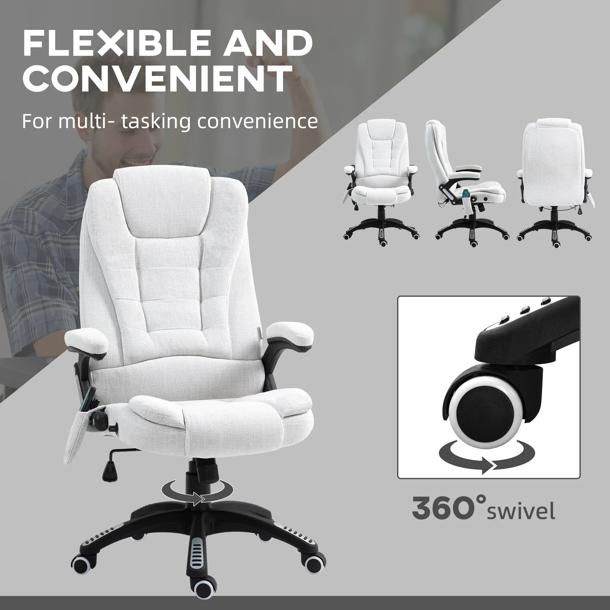 Silla de Oficina Ergonómica con Masaje de 6 Puntos y Calefacción en la Espalda, Tela Tipo Lino, Blanco Crema