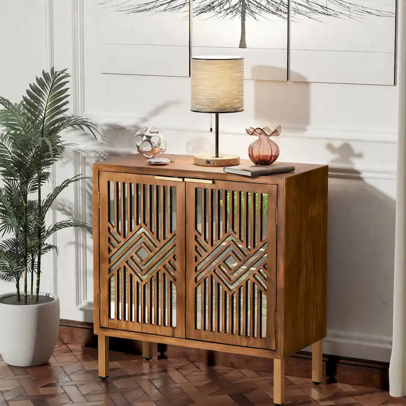 COZAYH Rustic Farmhouse Accent Cabinet with Geometric Mirror Fronts
