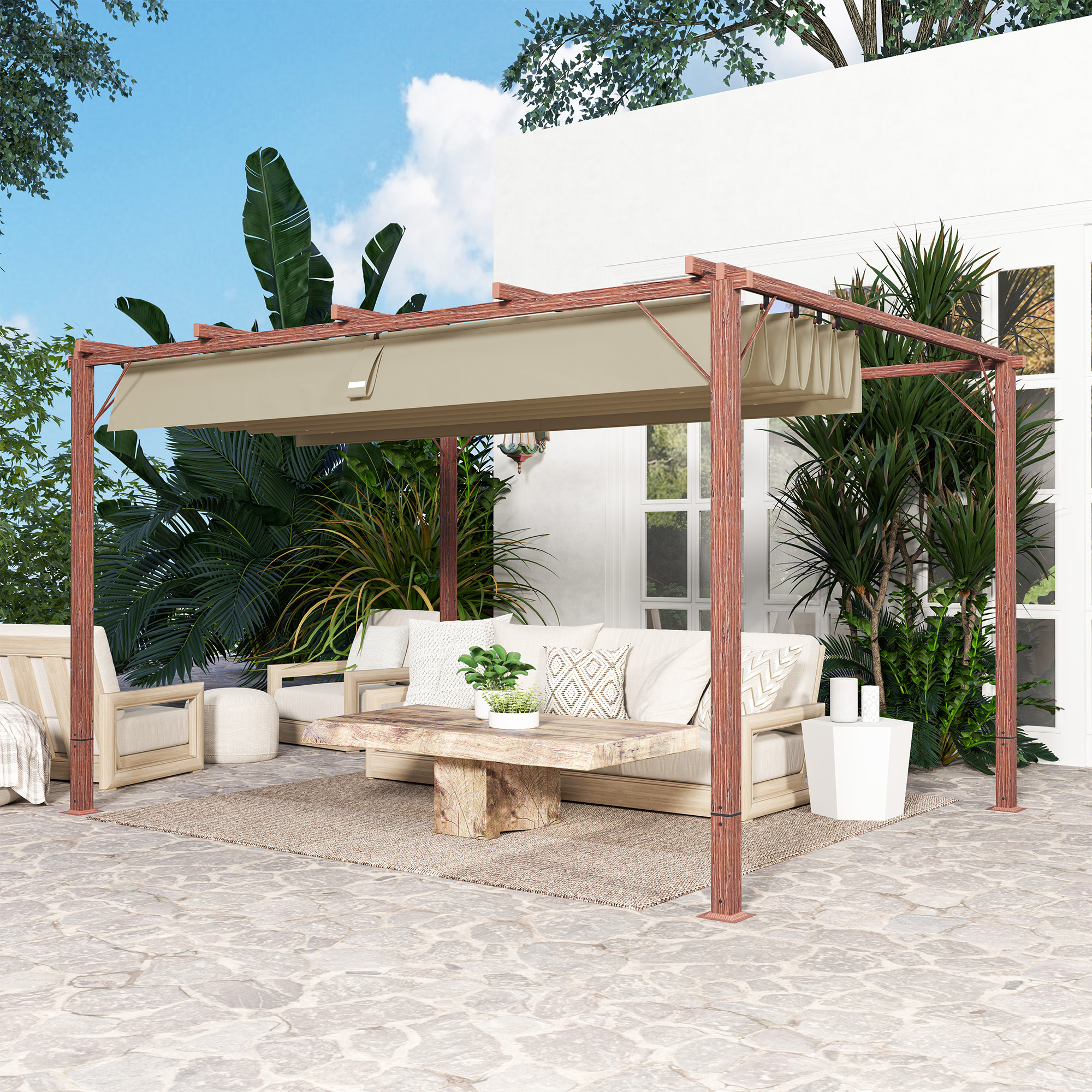 Outsunny 3 x 4 m Tuin-Pergola, Verstelbaar Terrasoverkapping, Aluminium Frame, UPF30+ Zonbescherming, Natuurhout