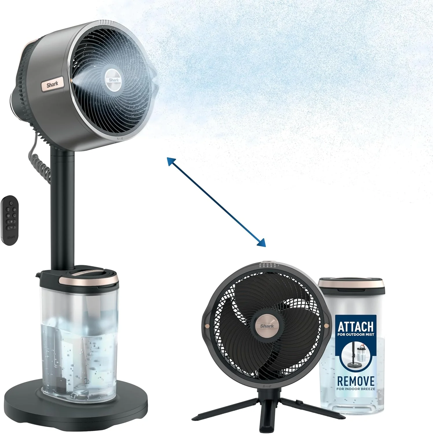 Shark FlexBreeze Pro Ventilatore Nebulizzatore – Interno ed Esterno, Nebulizzatore Integrato, Base da Tavolo, con Filo o Senza Filo, Fino a 24 Ore di Batteria, Oscillante, Antracite, FA302 (Versione 2025)