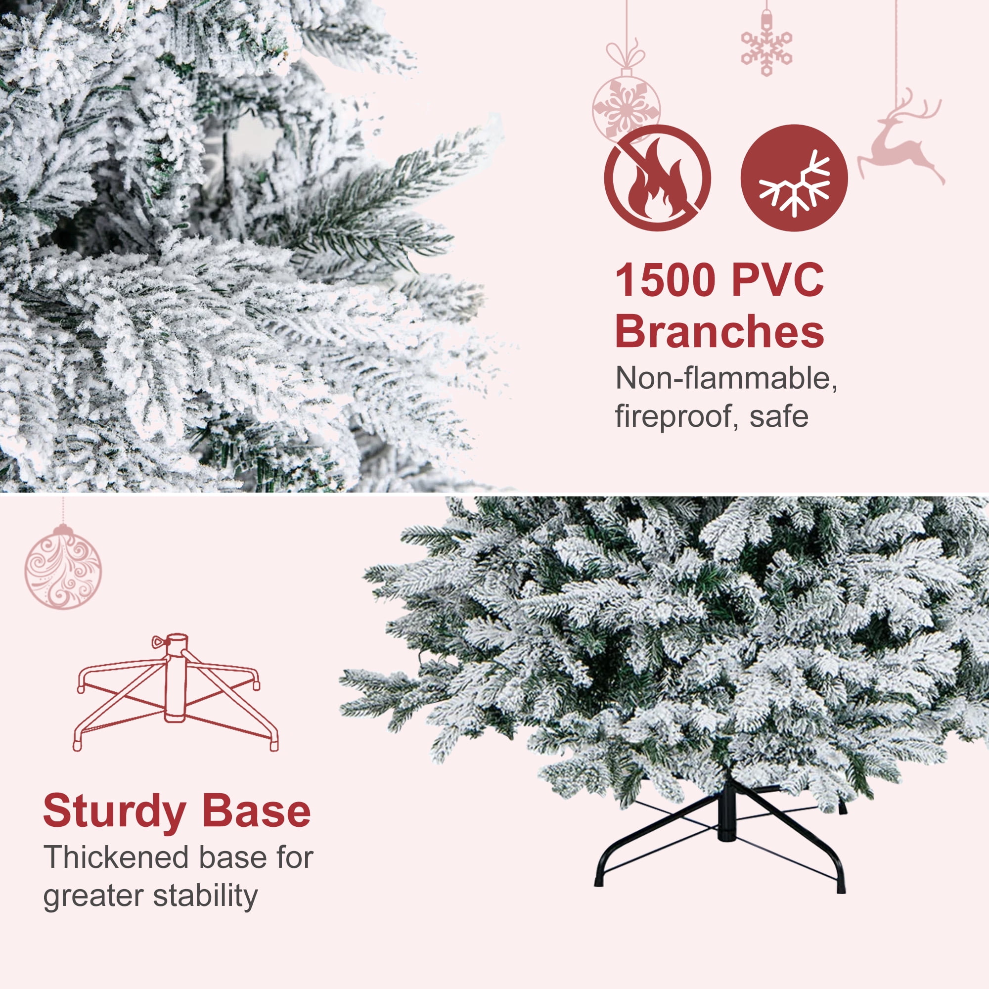 Vrilay 6ft Pre-Lit Snow Flocked Artificial Christmas Tree w/ 1000 Tips 300 Lights, Gold Ribbon & Snowflake Christmas Decorations