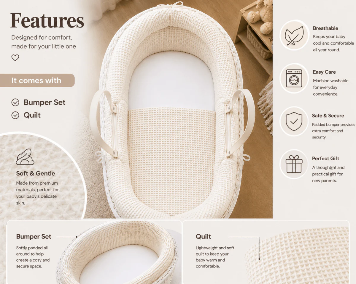 Pod Grey Dimple Moses Basket Bedding Set (Basket Not Included!)