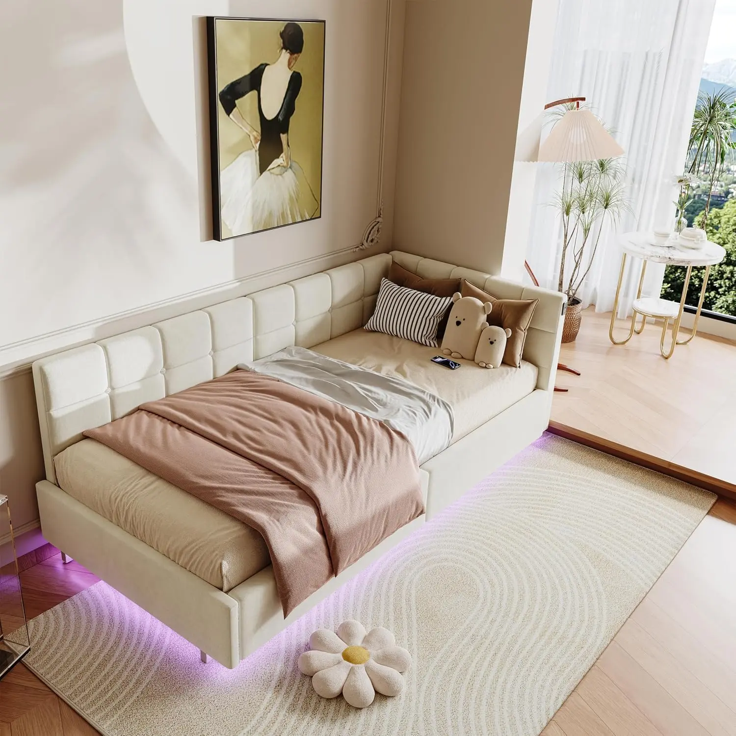 Cama Aneutr tapizada, sofá cama infantil, 90 x 200 cm, con iluminación LED y estación de carga USB, gris