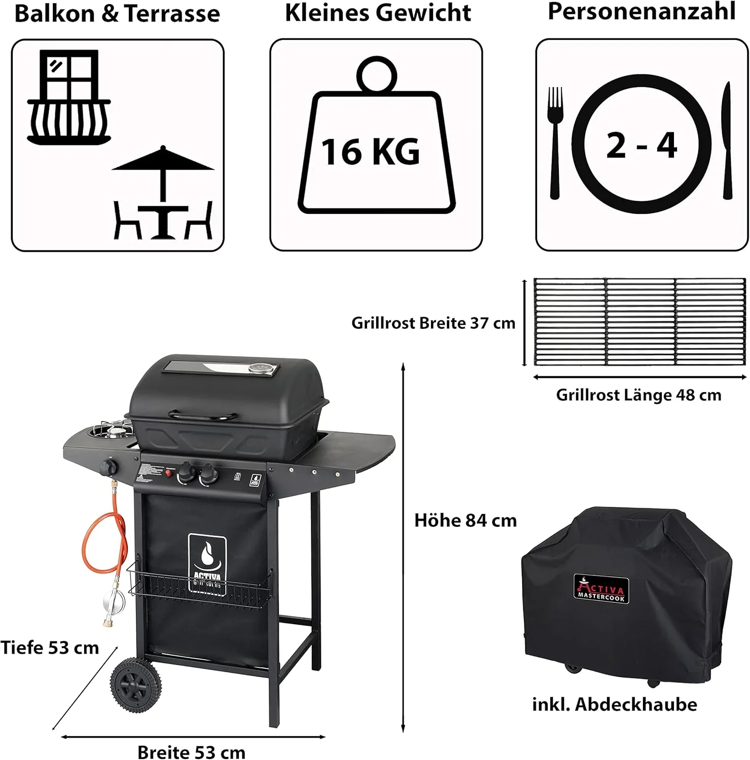 ACTIVA Halifax Lavastein - Parrilla de gas con piedras de lava y funda protectora | Quemador principal de 5,5 kW de regulación continua para una barbacoa perfecta