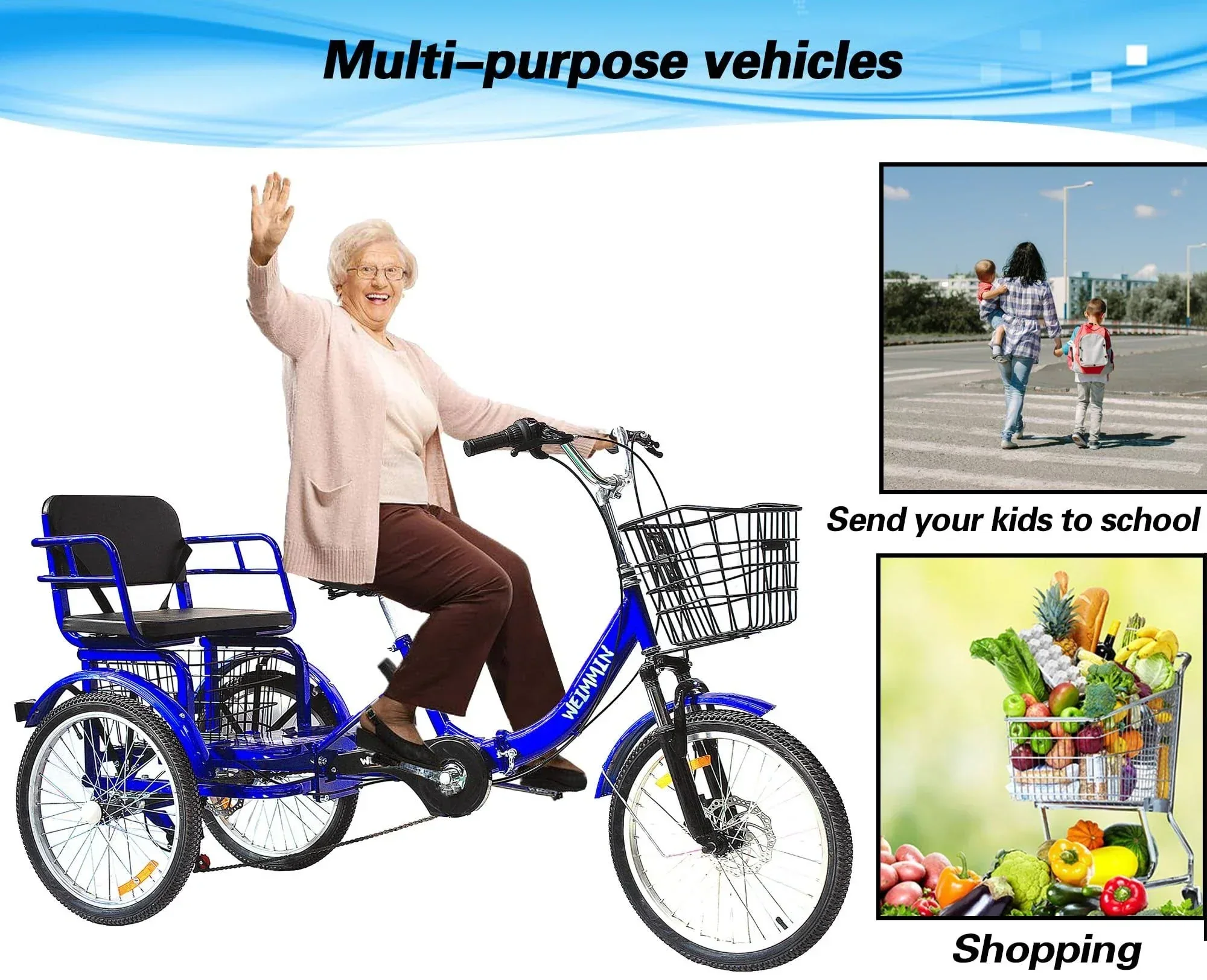 Tricycle 7 Speed, 20 inch 3 Wheel Bikes Folding Tricycle for Adults Star Strip Blue