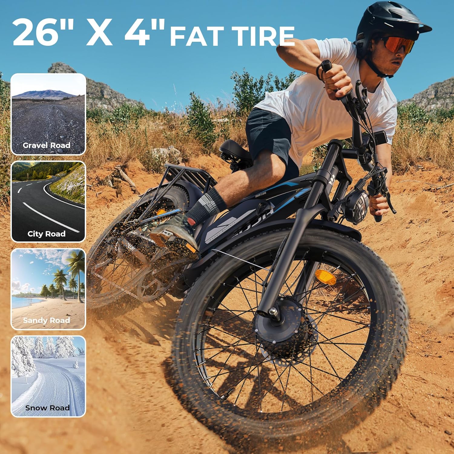 PUJH Snow Electric Bike, 52V 25Ah(1300Wh) Peak 3000W Dual Motor 26 Fat Tire Ebike for Adult, Max 36 mph & 40-110 Miles Electric Moped with Hydraulic Brakes, Off Road, Dirt, Mountain E Bicycle for Men