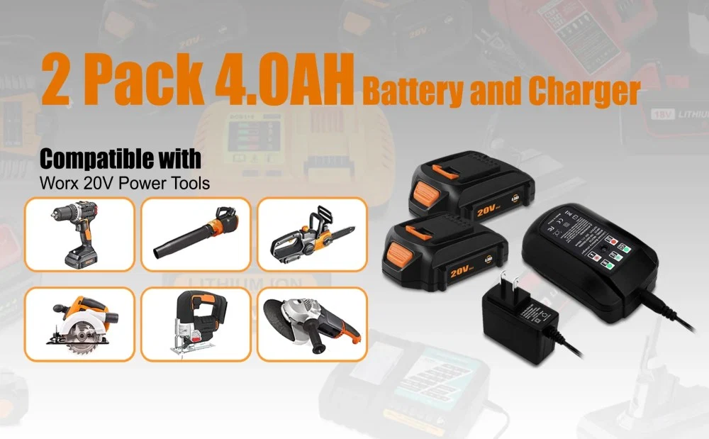 2 Pack 4.0Ah 20V Batteries with Charger Combo Kit Replacement for Worx 20V Battery and Charger 2.0Ah WA3575 WA3732 WA3520 WA3525 for Worx 20V WG151s WG155s WG251s WG255s WG540s WG545s Battery
