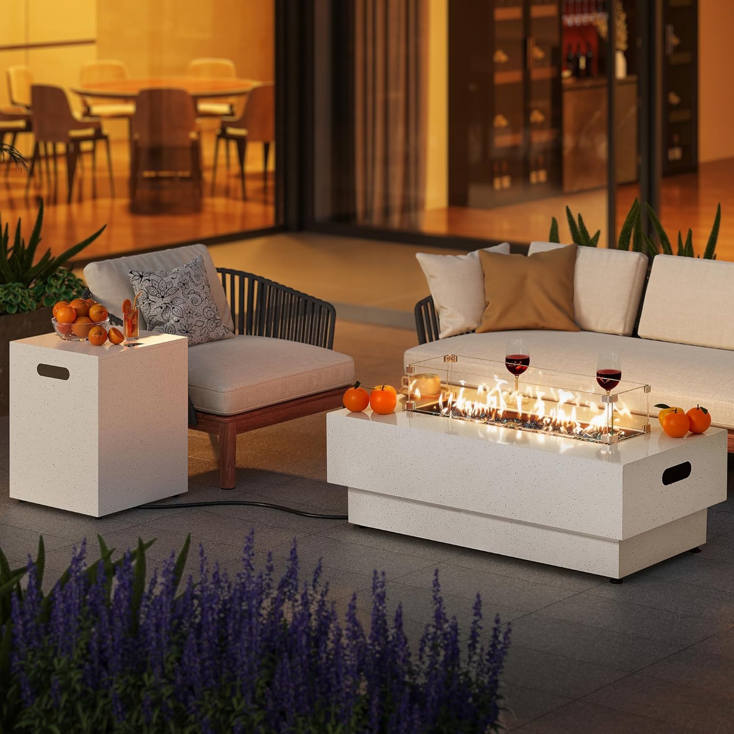 IRONCK 43-inch Outdoor Propane Fire Pit Table w Tank Table, CSA Certified, 2 in 1 Rectangular Patio Fire Pit w Glass Rocks, Wind Guard and Cover, 50000 BTU Outdoor Heater for Garden, Pool, White