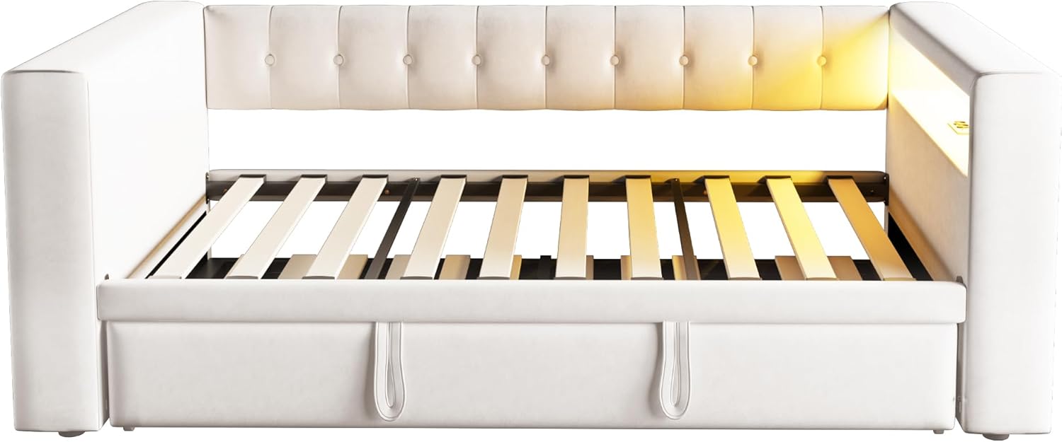 Cama tapizada 90/180 × 190 cm, con iluminación LED, enchufes y mucho espacio de almacenamiento; cama tapizada, cama individual, sofá cama multifuncional, color beige